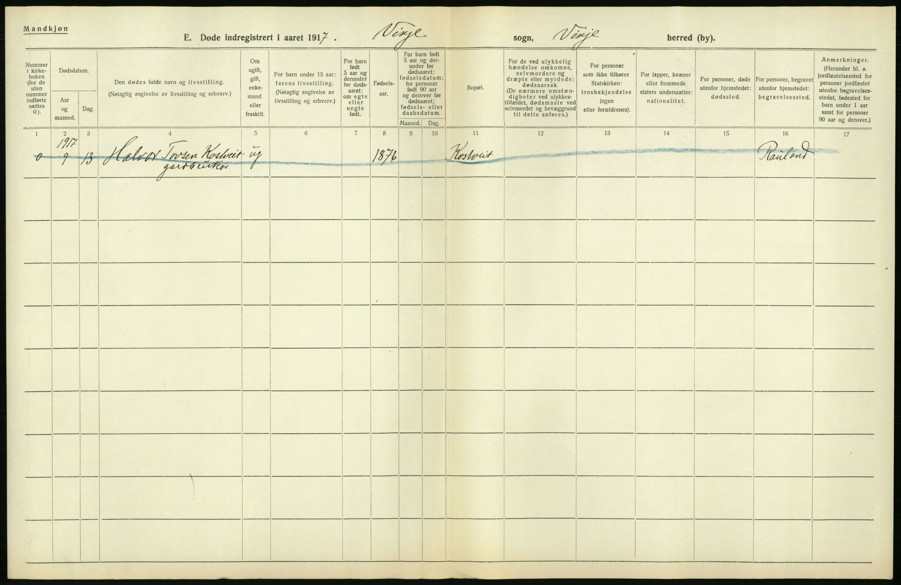 Statistisk sentralbyrå, Sosiodemografiske emner, Befolkning, RA/S-2228/D/Df/Dfb/Dfbg/L0026: Bratsberg amt: Døde, dødfødte. Bygder og byer., 1917, s. 176