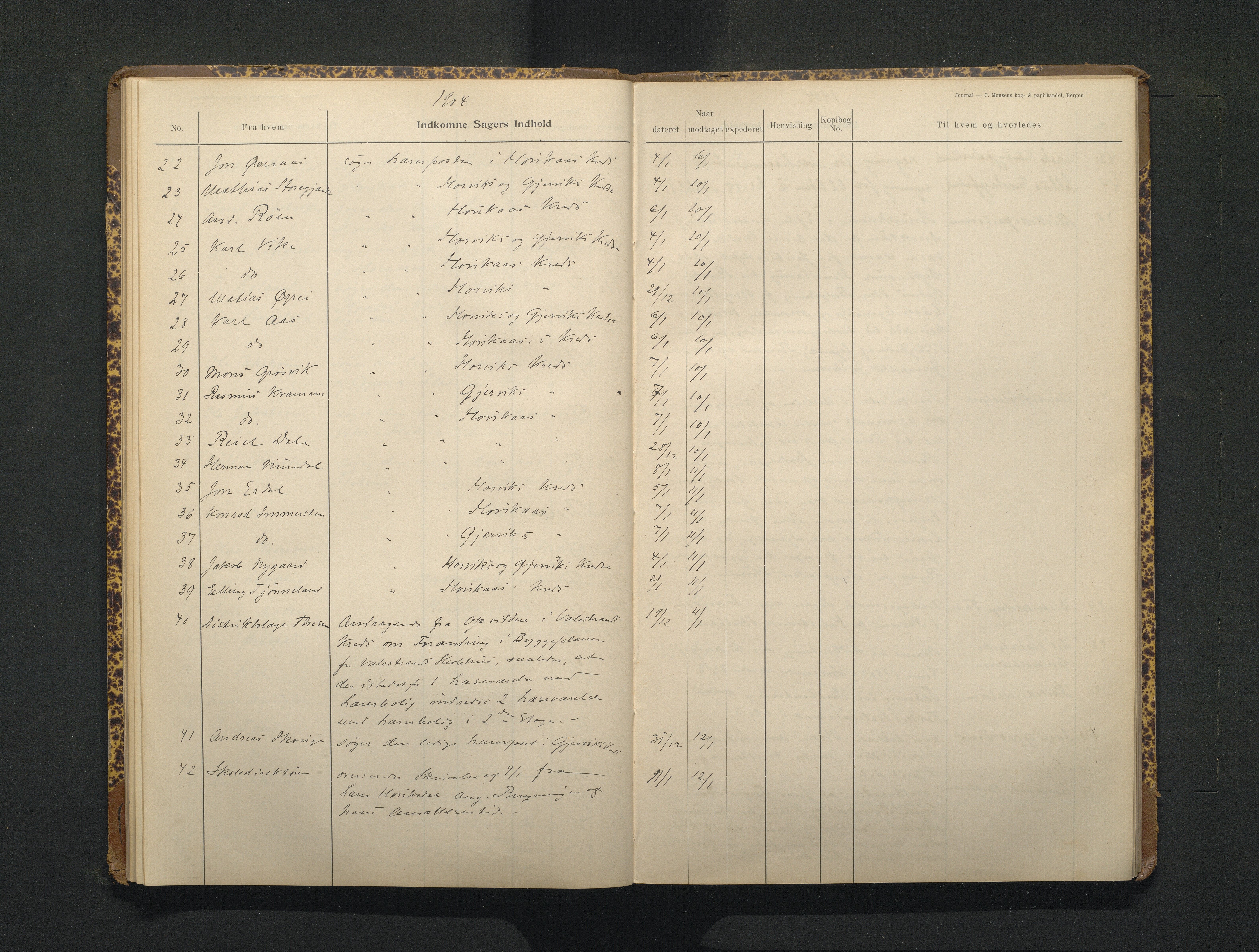 Hamre kommune. Skulestyret, IKAH/1254-211/C/Ca/L0003: Postjournal for Hamre skulestyre, 1901-1916
