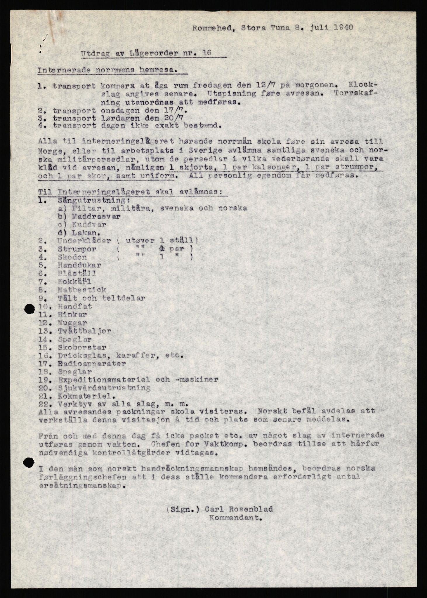 Forsvaret, Forsvarets krigshistoriske avdeling, AV/RA-RAFA-2017/Y/Yf/L0205: II-C-11-2110 - Norske internert i Sverige 1940, 1940, s. 4