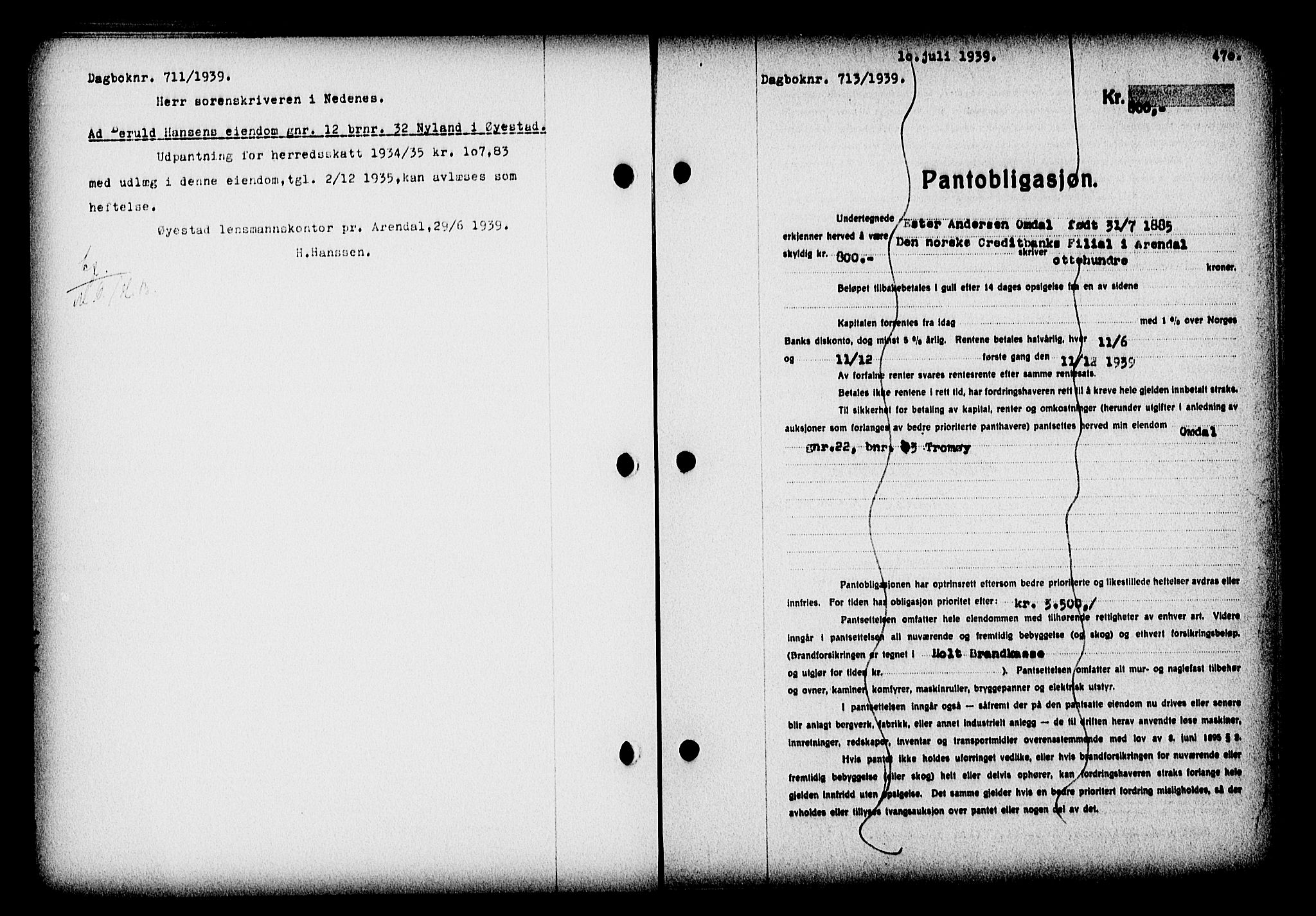 Nedenes sorenskriveri, SAK/1221-0006/G/Gb/Gba/L0046: Pantebok nr. 42, 1938-1939, Dagboknr: 713/1939