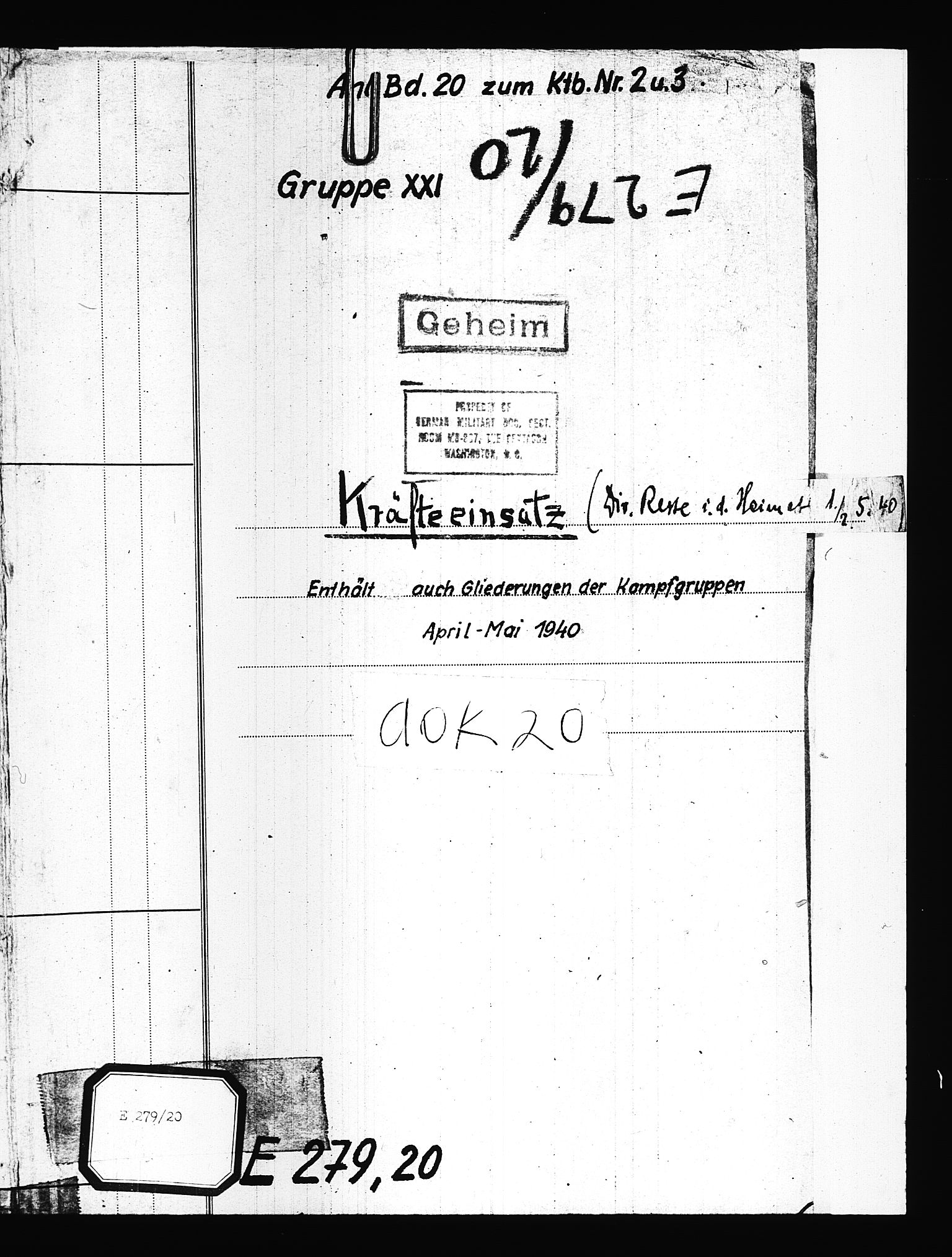 Documents Section, RA/RAFA-2200/V/L0083: Amerikansk mikrofilm "Captured German Documents".
Box No. 722.  FKA jnr. 615/1954., 1940, s. 379