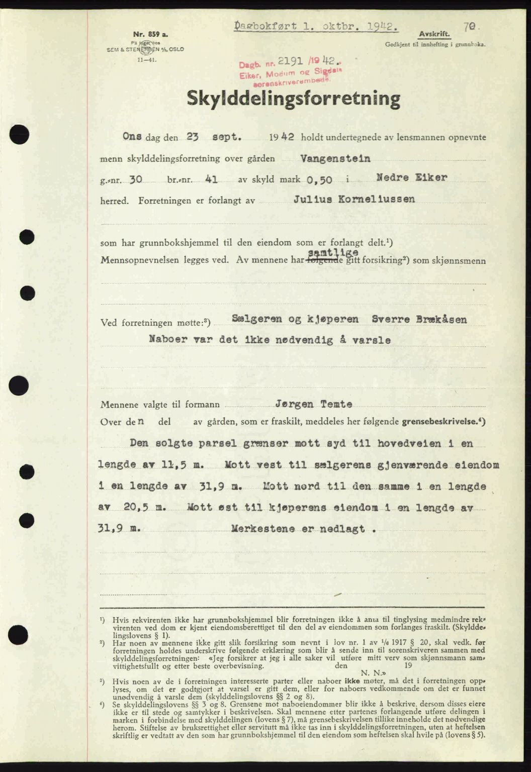 Eiker, Modum og Sigdal sorenskriveri, SAKO/A-123/G/Ga/Gab/L0047: Pantebok nr. A17, 1942-1943, Dagboknr: 2191/1942