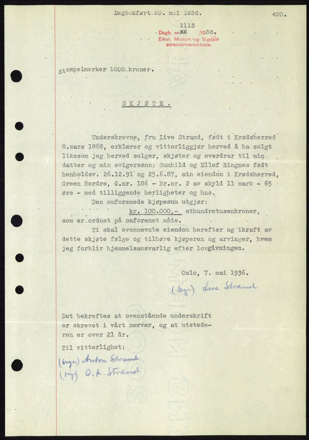 Eiker, Modum og Sigdal sorenskriveri, SAKO/A-123/G/Ga/Gab/L0032: Pantebok nr. A2, 1936-1936, Dagboknr: 1113/1936