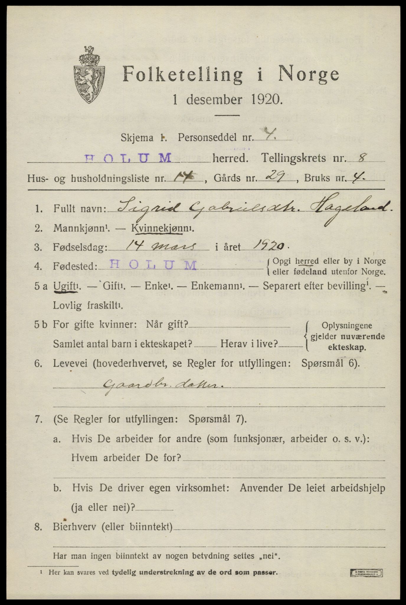 SAK, Folketelling 1920 for 1020 Holum herred, 1920, s. 2627