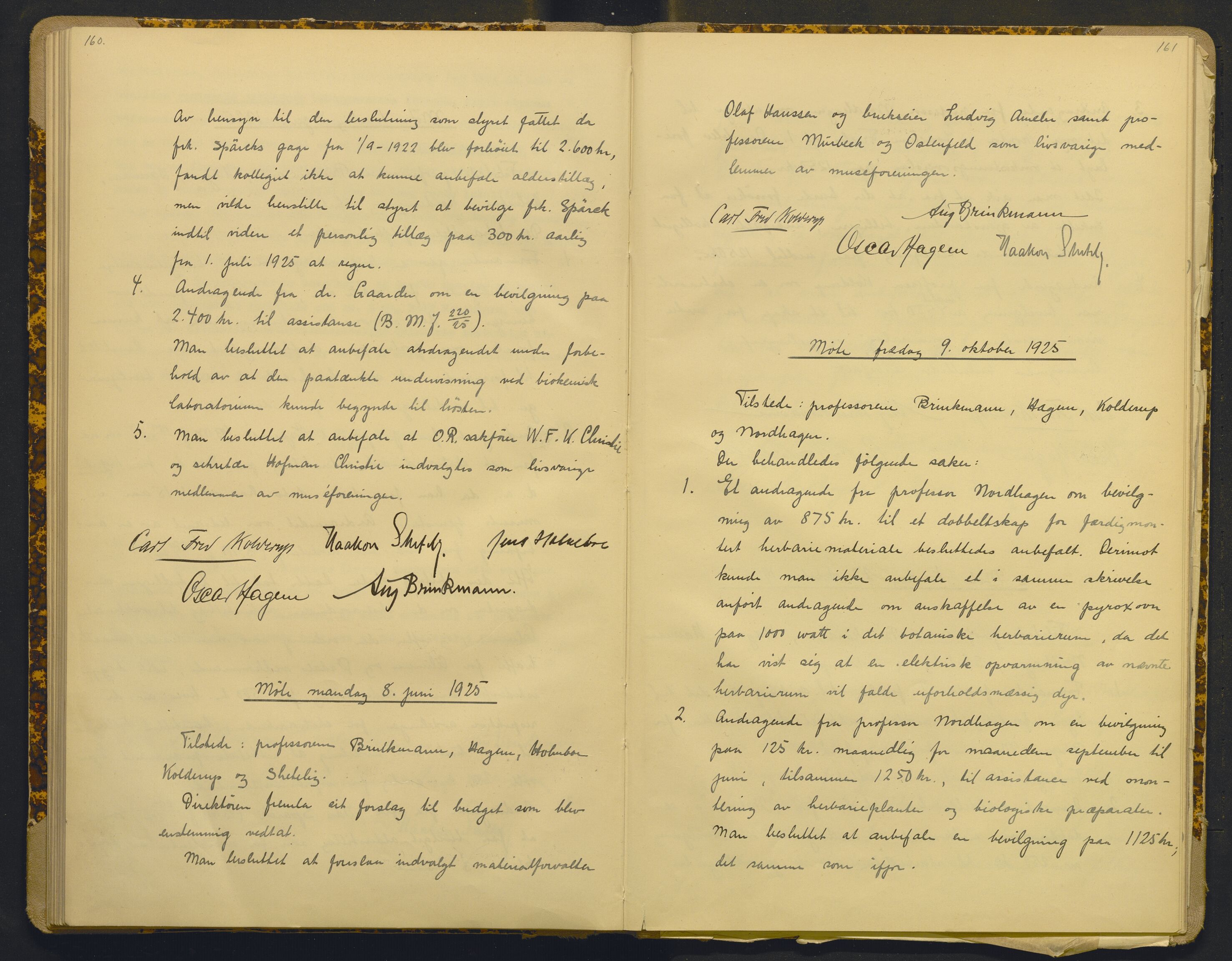 Bergens Museum, AV/SAB-A-17301/18/A/L0001: Bestyrerkollegiets forhandlingsprotokoll med register , 1907-1927, s. 160-161
