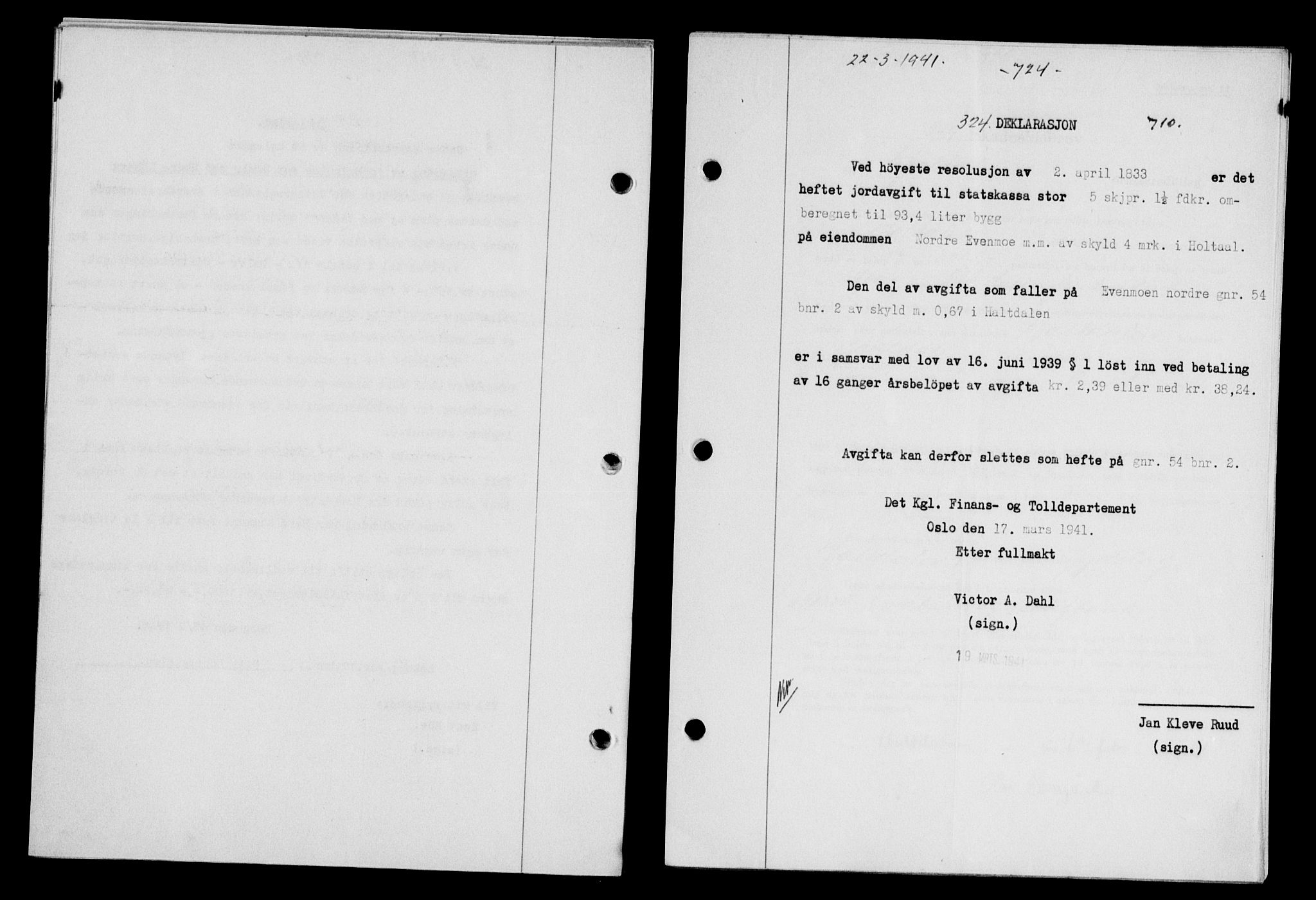 Gauldal sorenskriveri, SAT/A-0014/1/2/2C/L0052: Pantebok nr. 57, 1940-1941, Dagboknr: 324/1941