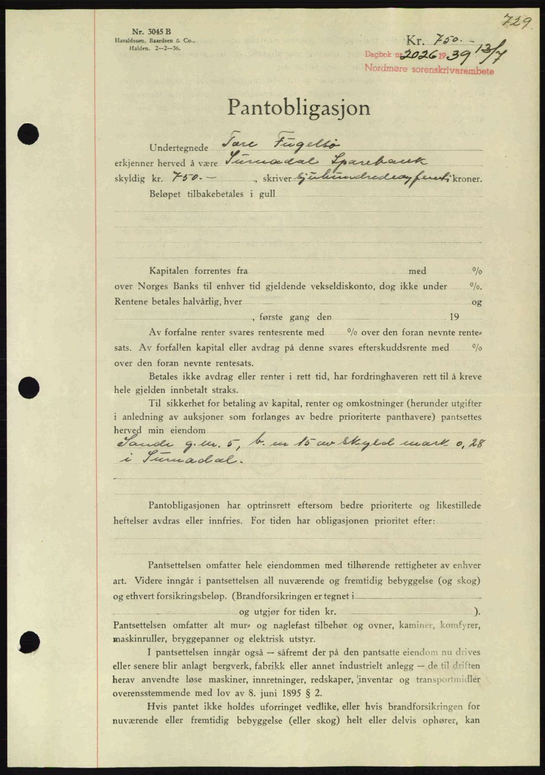 Nordmøre sorenskriveri, AV/SAT-A-4132/1/2/2Ca: Pantebok nr. B85, 1939-1939, Dagboknr: 2026/1939