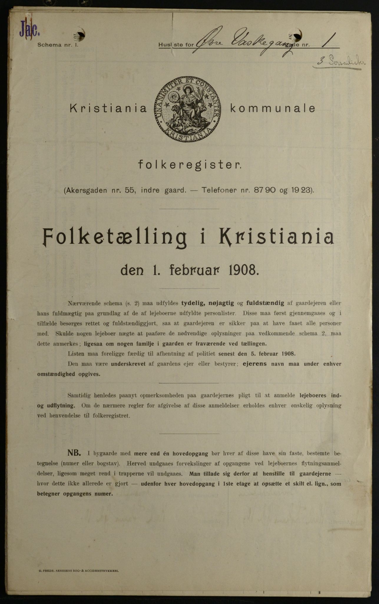 OBA, Kommunal folketelling 1.2.1908 for Kristiania kjøpstad, 1908, s. 116733