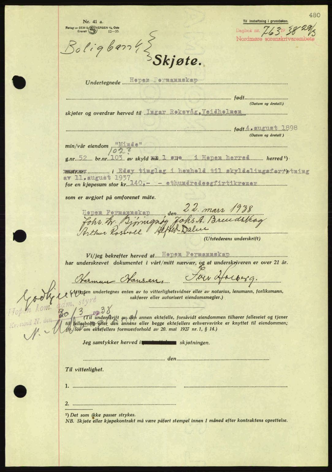 Nordmøre sorenskriveri, SAT/A-4132/1/2/2Ca: Pantebok nr. A83, 1938-1938, Dagboknr: 763/1938