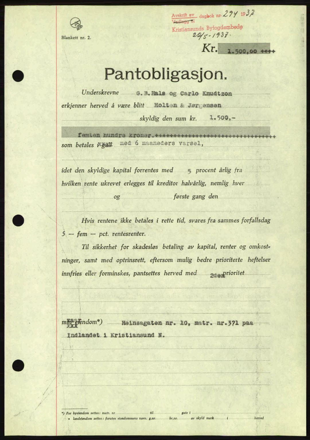 Kristiansund byfogd, AV/SAT-A-4587/A/27: Pantebok nr. 29, 1936-1937, Dagboknr: 294/1937