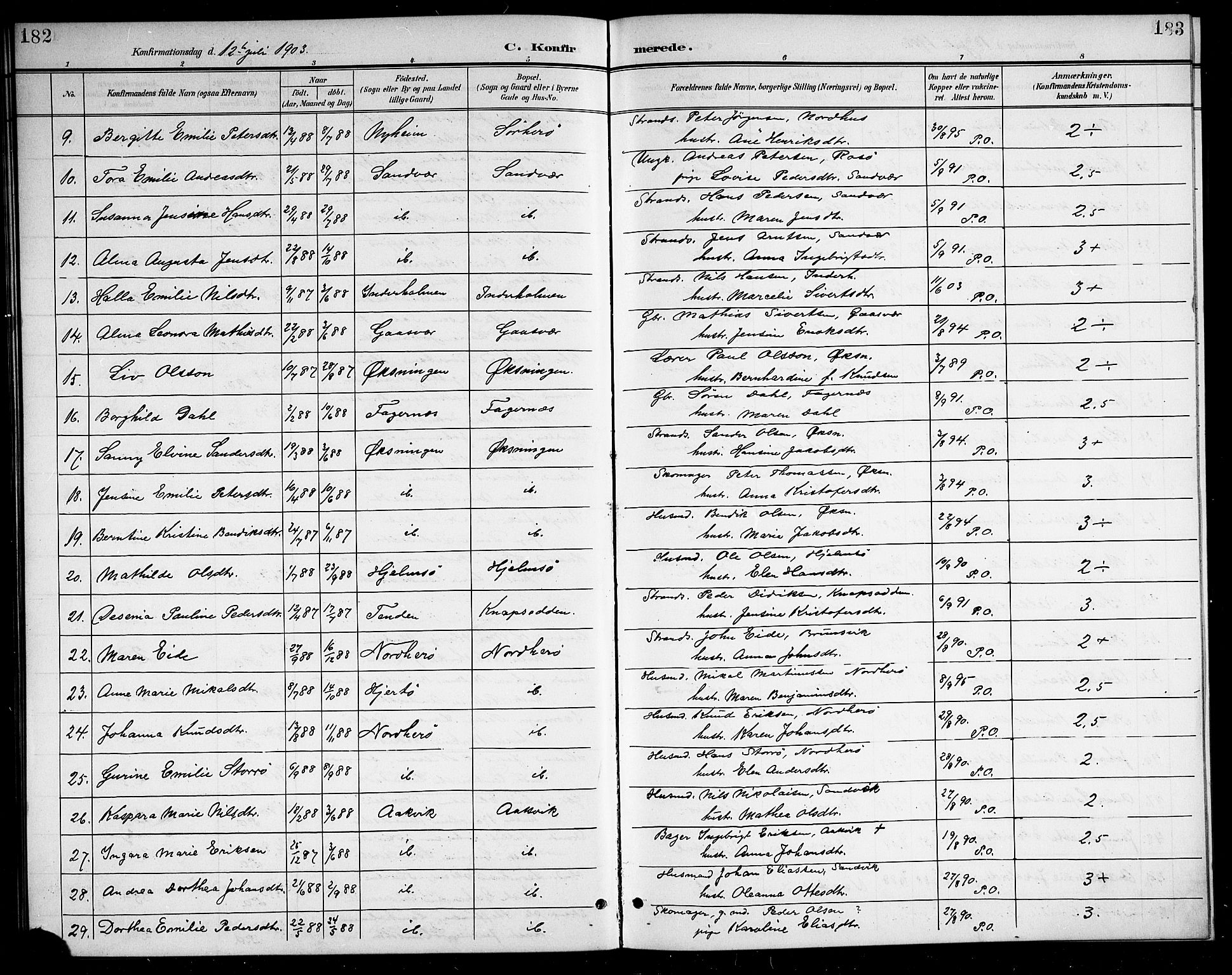 Ministerialprotokoller, klokkerbøker og fødselsregistre - Nordland, AV/SAT-A-1459/834/L0516: Klokkerbok nr. 834C06, 1902-1918, s. 182-183