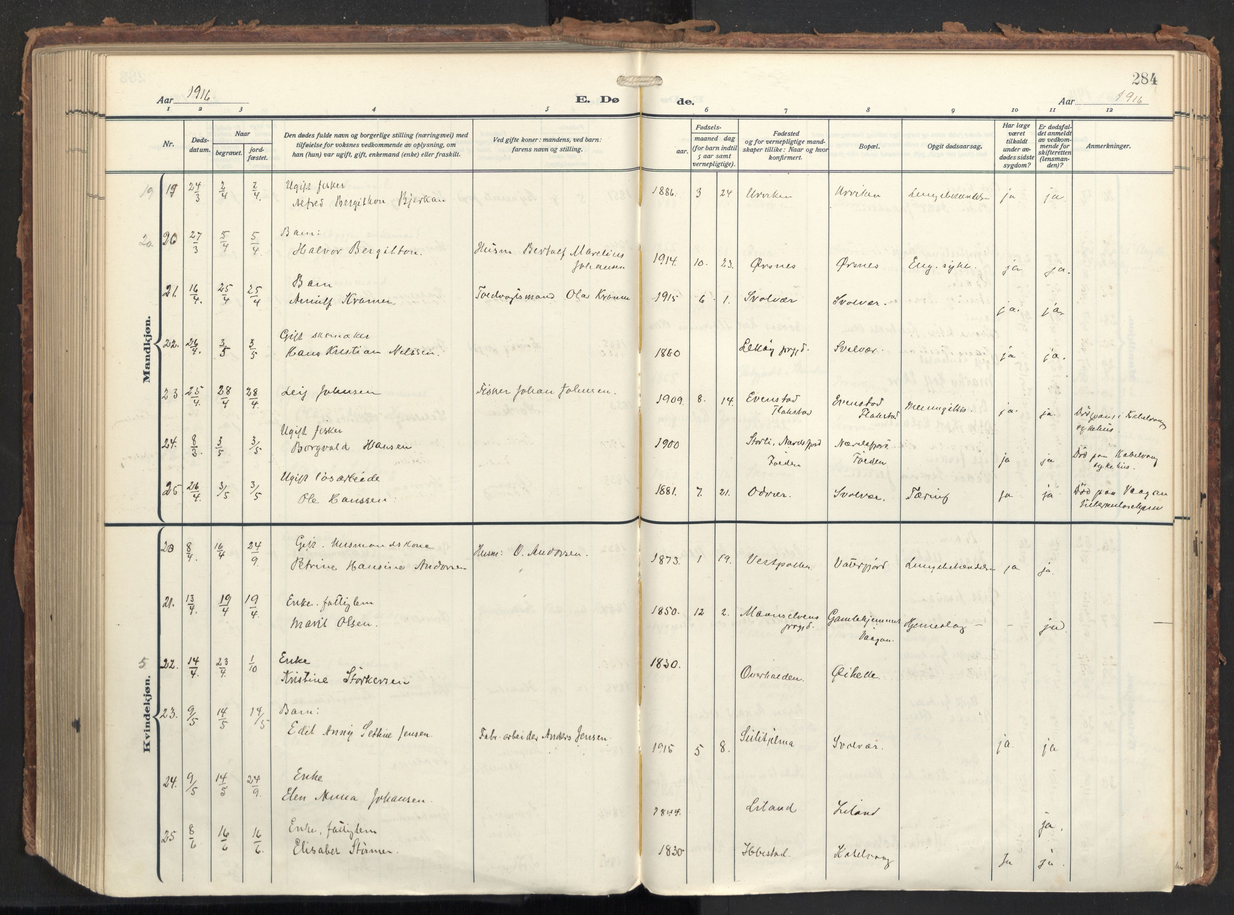 Ministerialprotokoller, klokkerbøker og fødselsregistre - Nordland, AV/SAT-A-1459/874/L1064: Ministerialbok nr. 874A08, 1915-1926, s. 284
