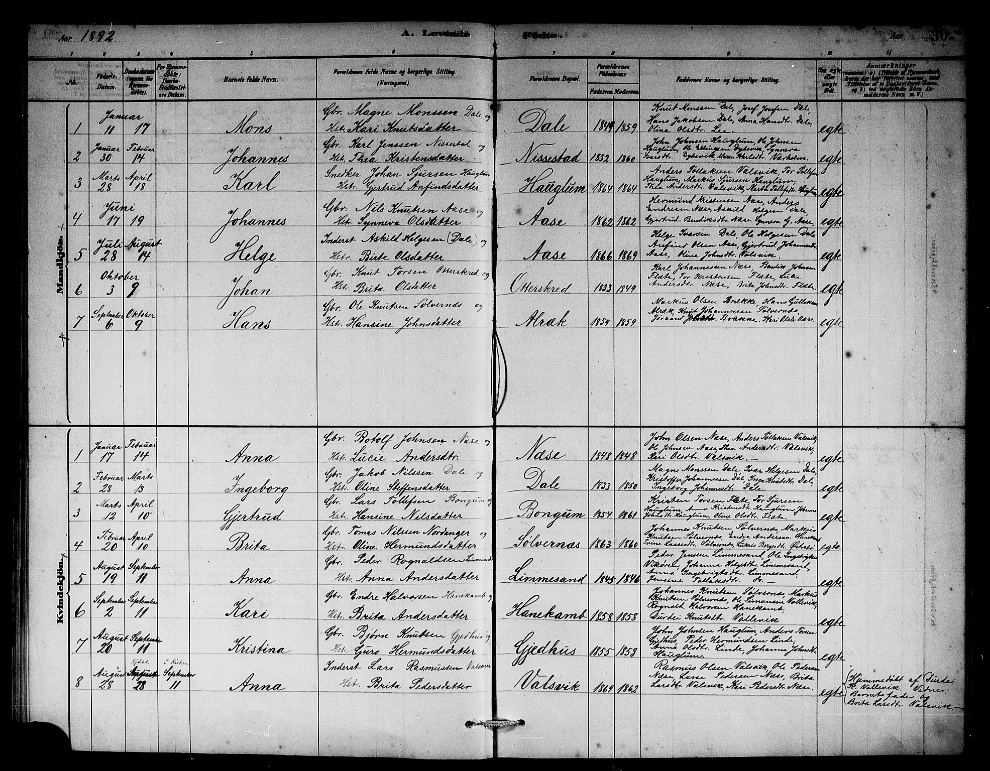 Vik sokneprestembete, AV/SAB-A-81501/H/Hab/Habb/L0002: Klokkerbok nr. B 2, 1878-1893, s. 30