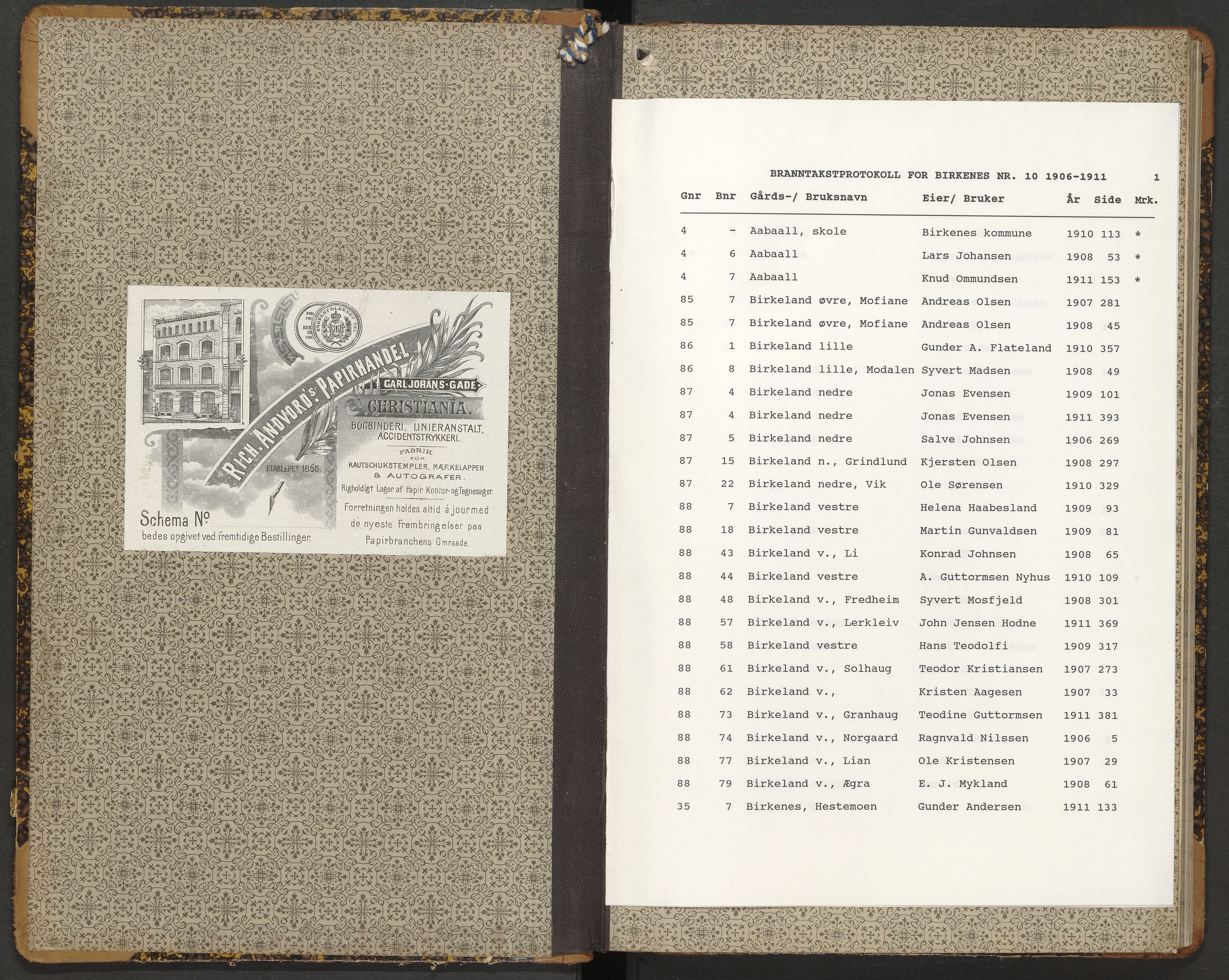 Norges Brannkasse Birkenes, AV/SAK-2241-0005/F/Fa/L0010: Branntakstprotokoll nr. 10 med gårdsnavnregister, 1906-1911