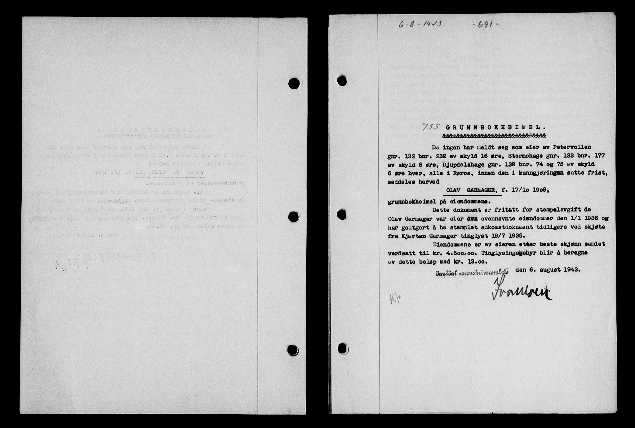 Gauldal sorenskriveri, SAT/A-0014/1/2/2C/L0056: Pantebok nr. 61, 1942-1943, Dagboknr: 755/1943