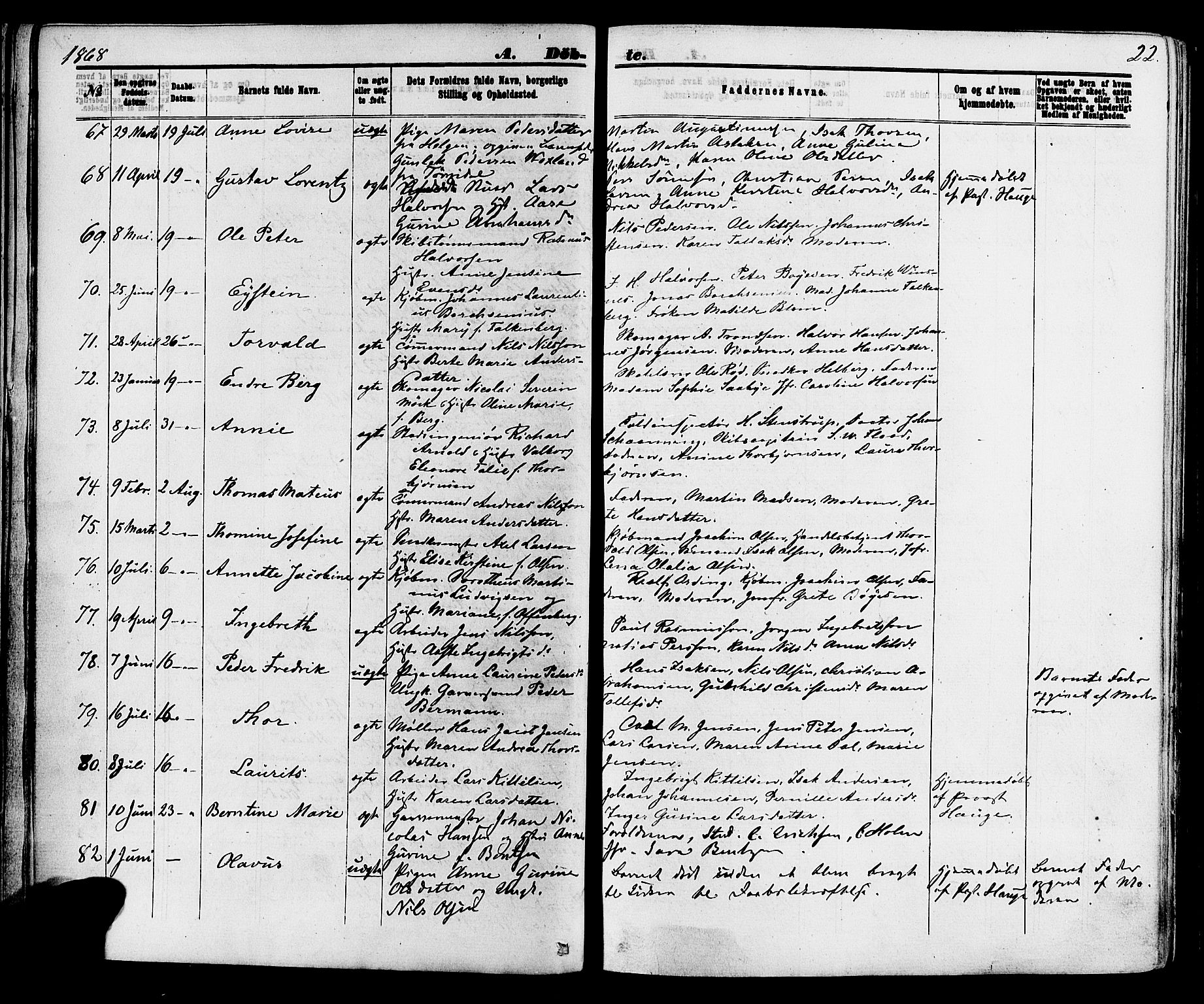 Skien kirkebøker, AV/SAKO-A-302/F/Fa/L0008: Ministerialbok nr. 8, 1866-1877, s. 22