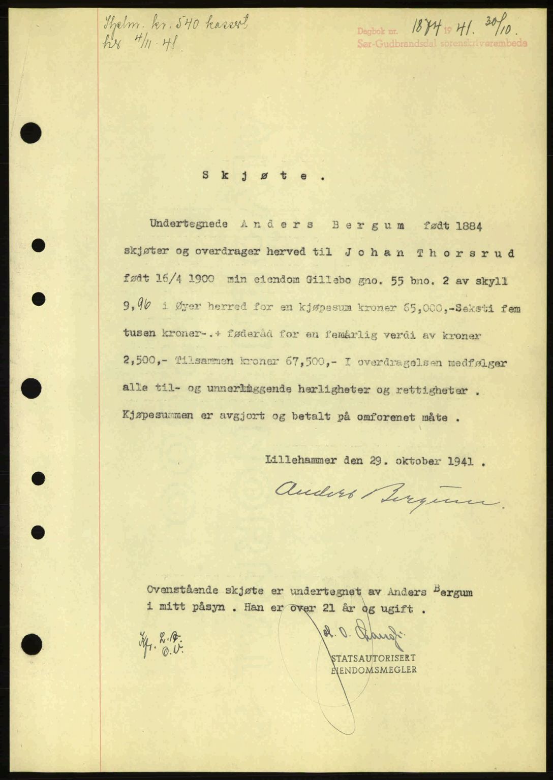 Sør-Gudbrandsdal tingrett, SAH/TING-004/H/Hb/Hbd/L0009: Pantebok nr. A9, 1941-1941, Dagboknr: 1874/1941