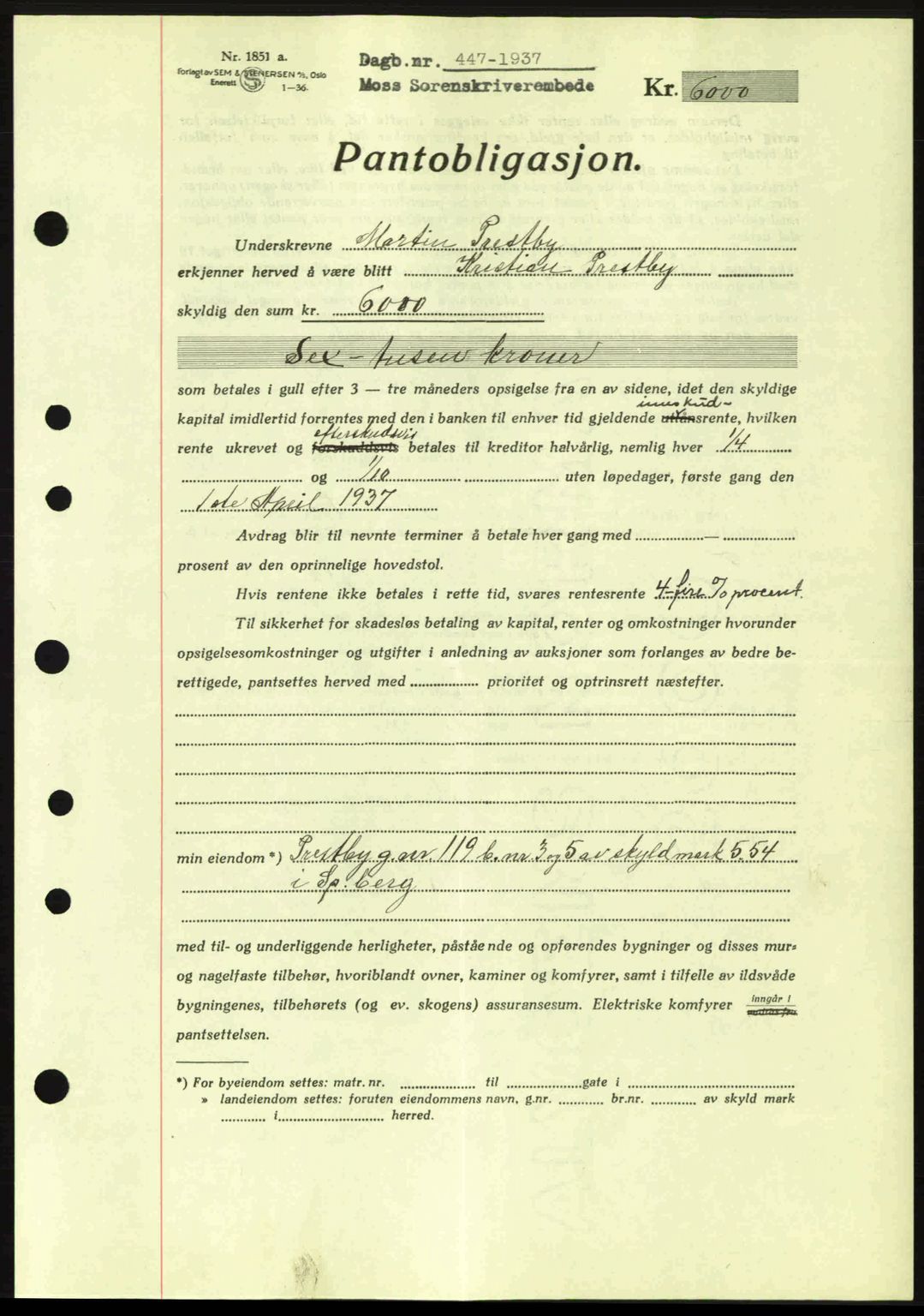 Moss sorenskriveri, SAO/A-10168: Pantebok nr. B3, 1937-1937, Dagboknr: 447/1937