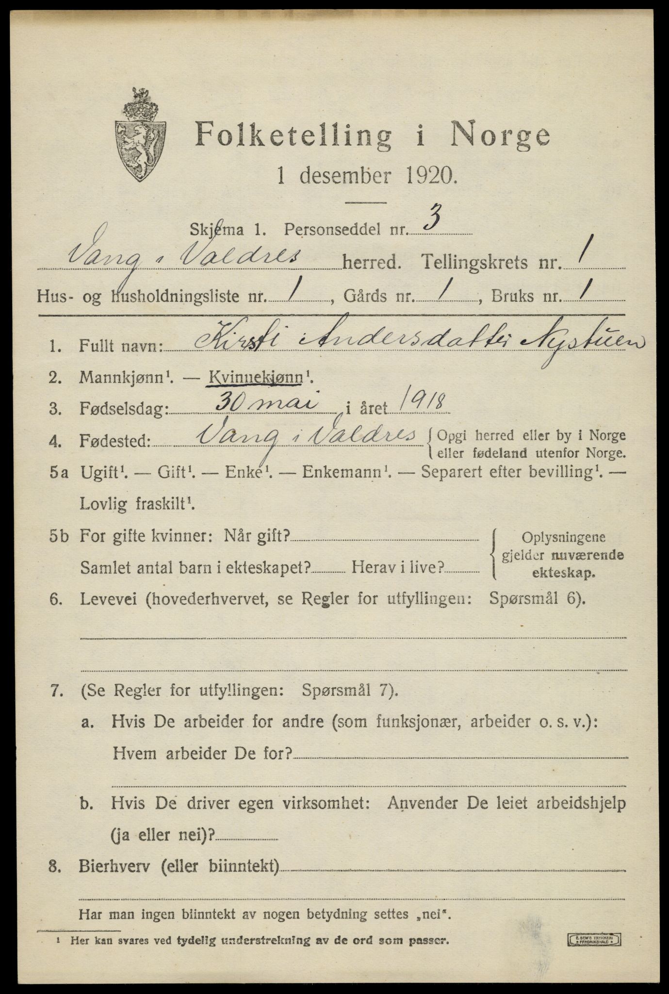 SAH, Folketelling 1920 for 0545 Vang herred, 1920, s. 673