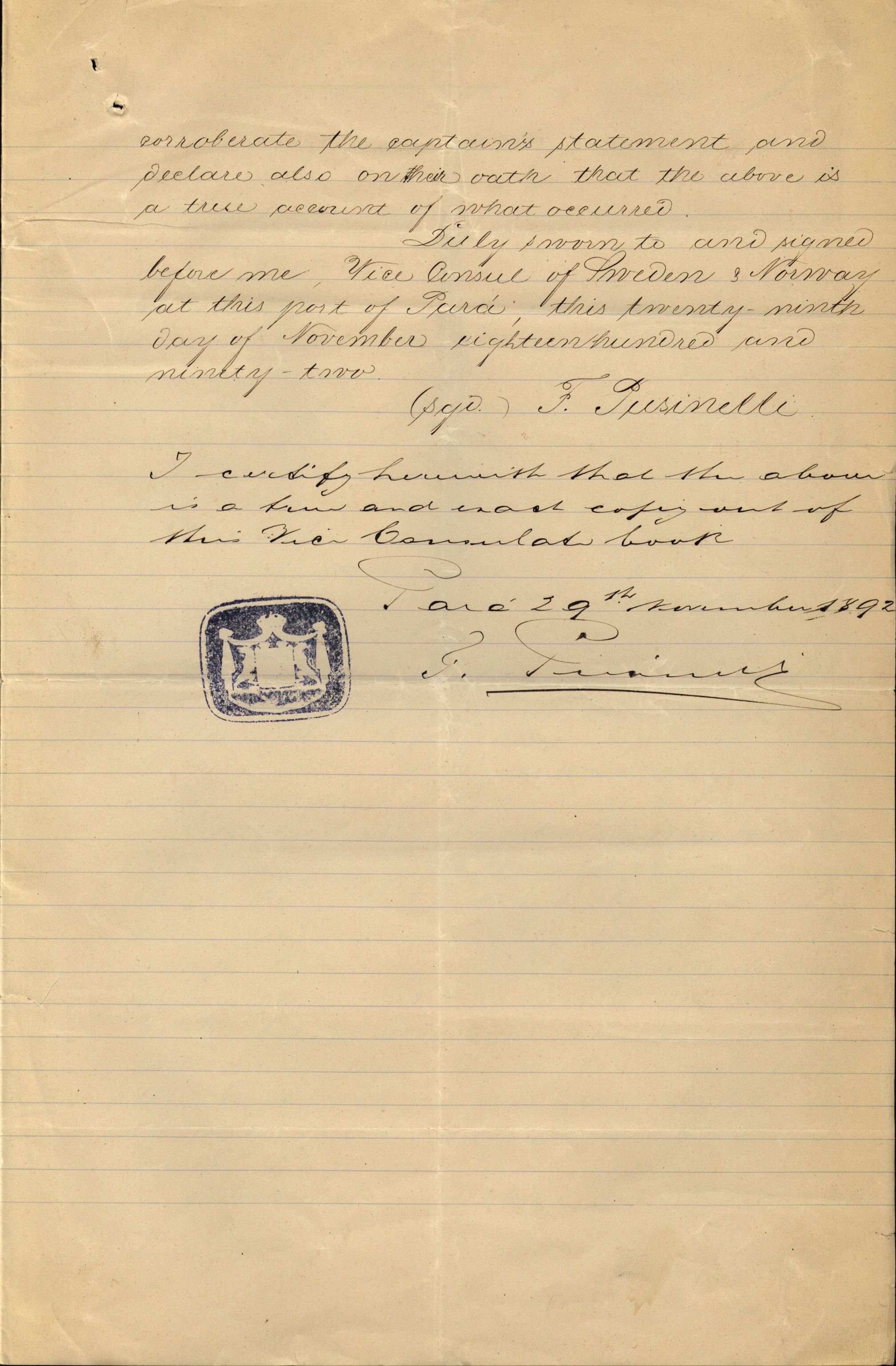 Pa 63 - Østlandske skibsassuranceforening, VEMU/A-1079/G/Ga/L0029/0007: Havaridokumenter / Diamant, Foldin, Aise, Florida, Flora, 1892, s. 114