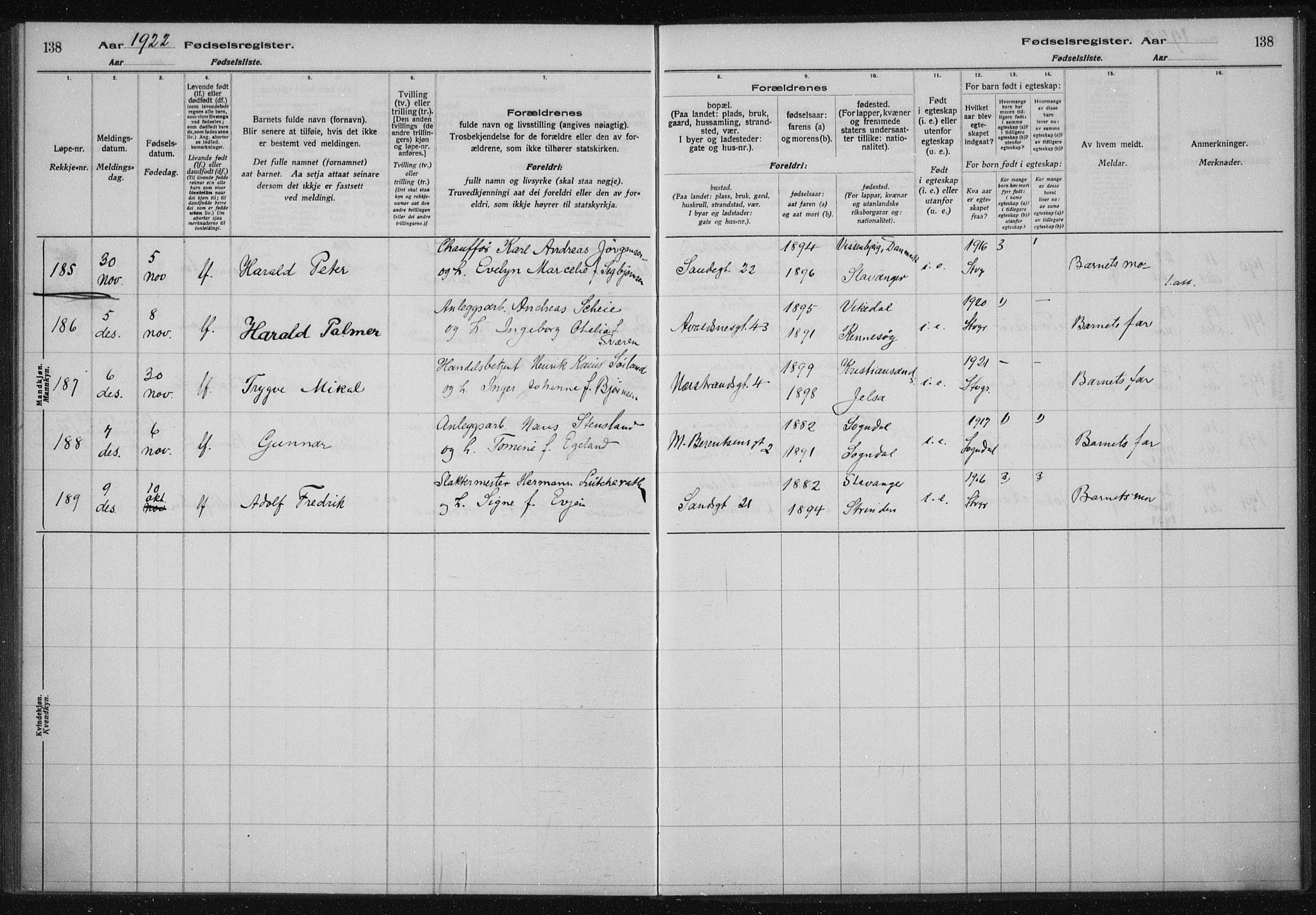 St. Johannes sokneprestkontor, AV/SAST-A-101814/002/A/L0002: Fødselsregister nr. 2, 1919-1924, s. 138