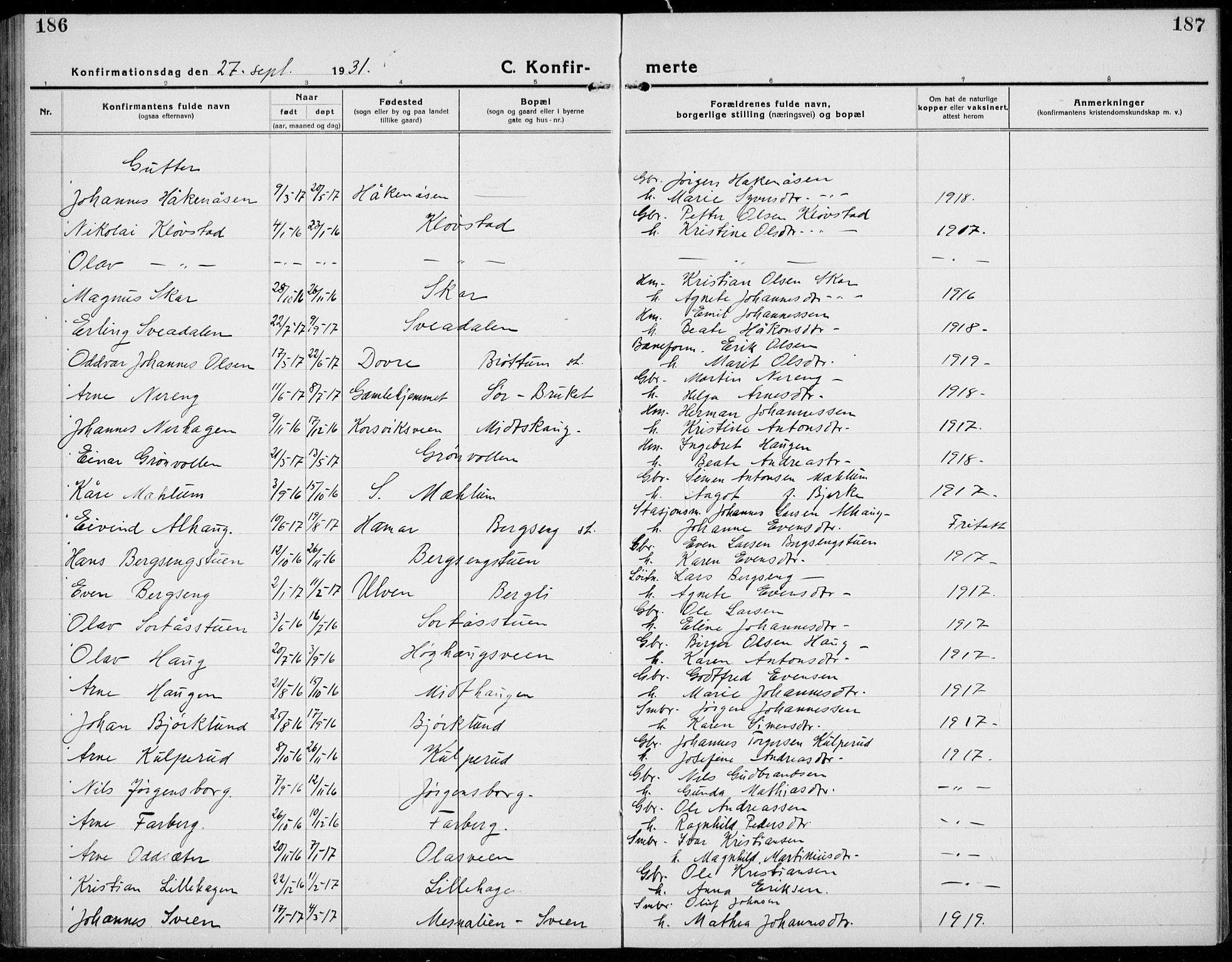Brøttum prestekontor, AV/SAH-PREST-016/L/La/L0001: Klokkerbok nr. 1, 1921-1941, s. 186-187