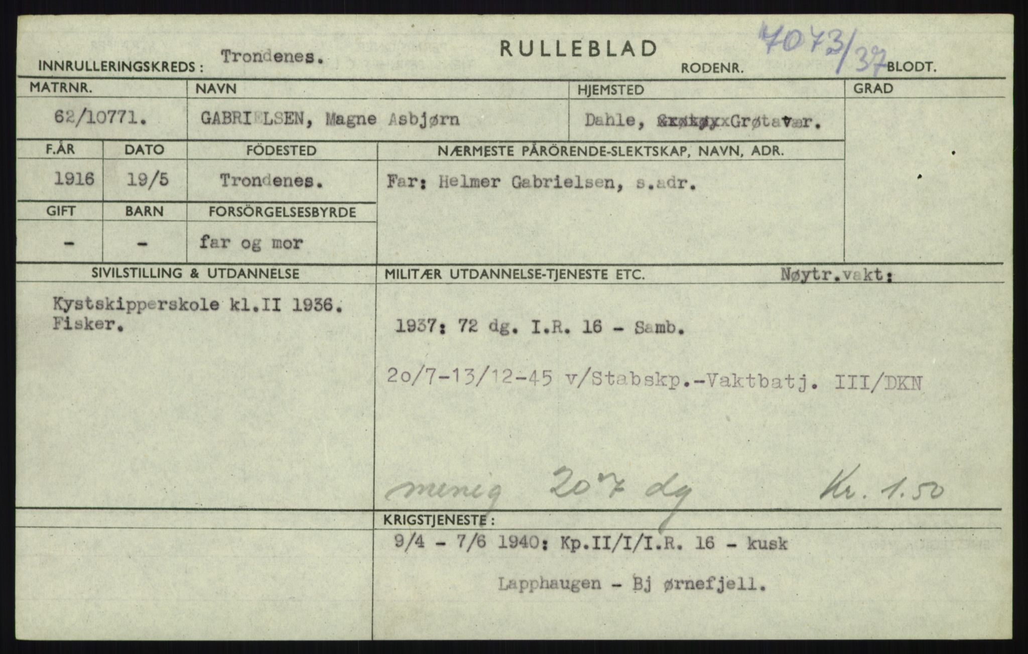 Forsvaret, Troms infanteriregiment nr. 16, AV/RA-RAFA-3146/P/Pa/L0021: Rulleblad for regimentets menige mannskaper, årsklasse 1937, 1937, s. 201