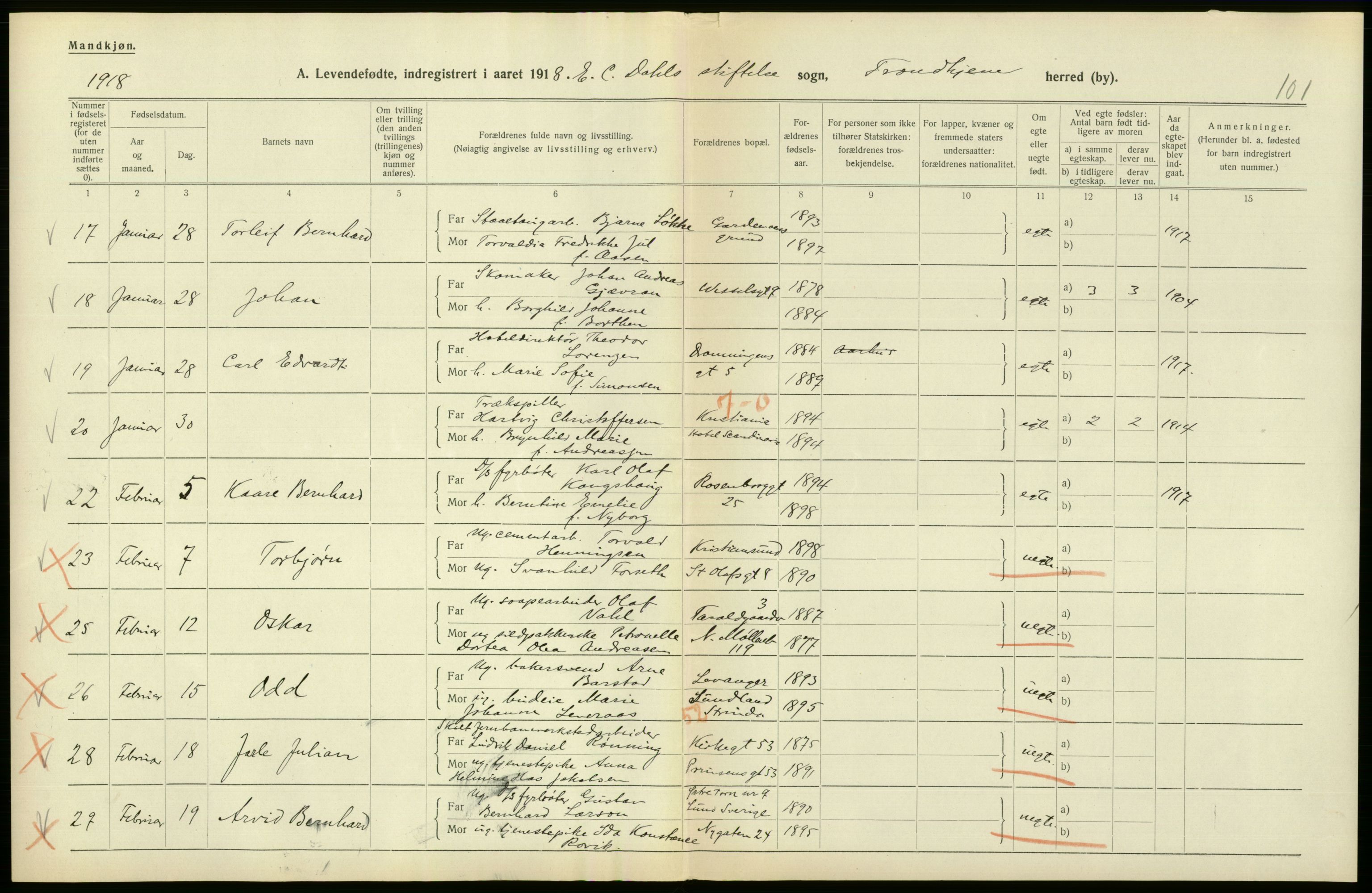 Statistisk sentralbyrå, Sosiodemografiske emner, Befolkning, RA/S-2228/D/Df/Dfb/Dfbh/L0048: Trondheim: Levendefødte menn og kvinner, gifte., 1918, s. 446