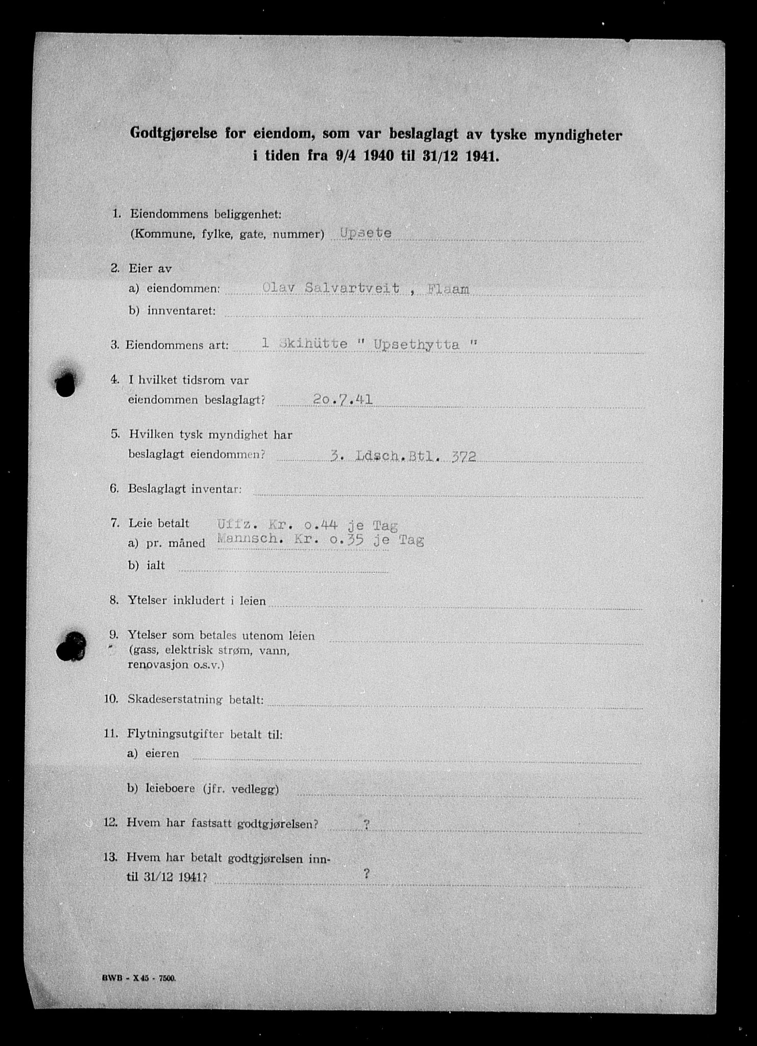 Justisdepartementet, Tilbakeføringskontoret for inndratte formuer, AV/RA-S-1564/I/L1017: Godtgjørelse for beslaglagt eiendom, 1940-1941, s. 4