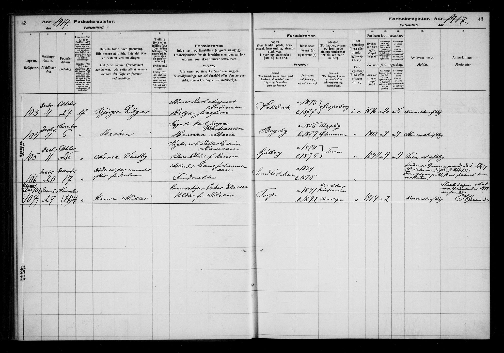 Borge prestekontor Kirkebøker, AV/SAO-A-10903/J/Ja/L0001: Fødselsregister nr. I 1, 1916-1925, s. 43