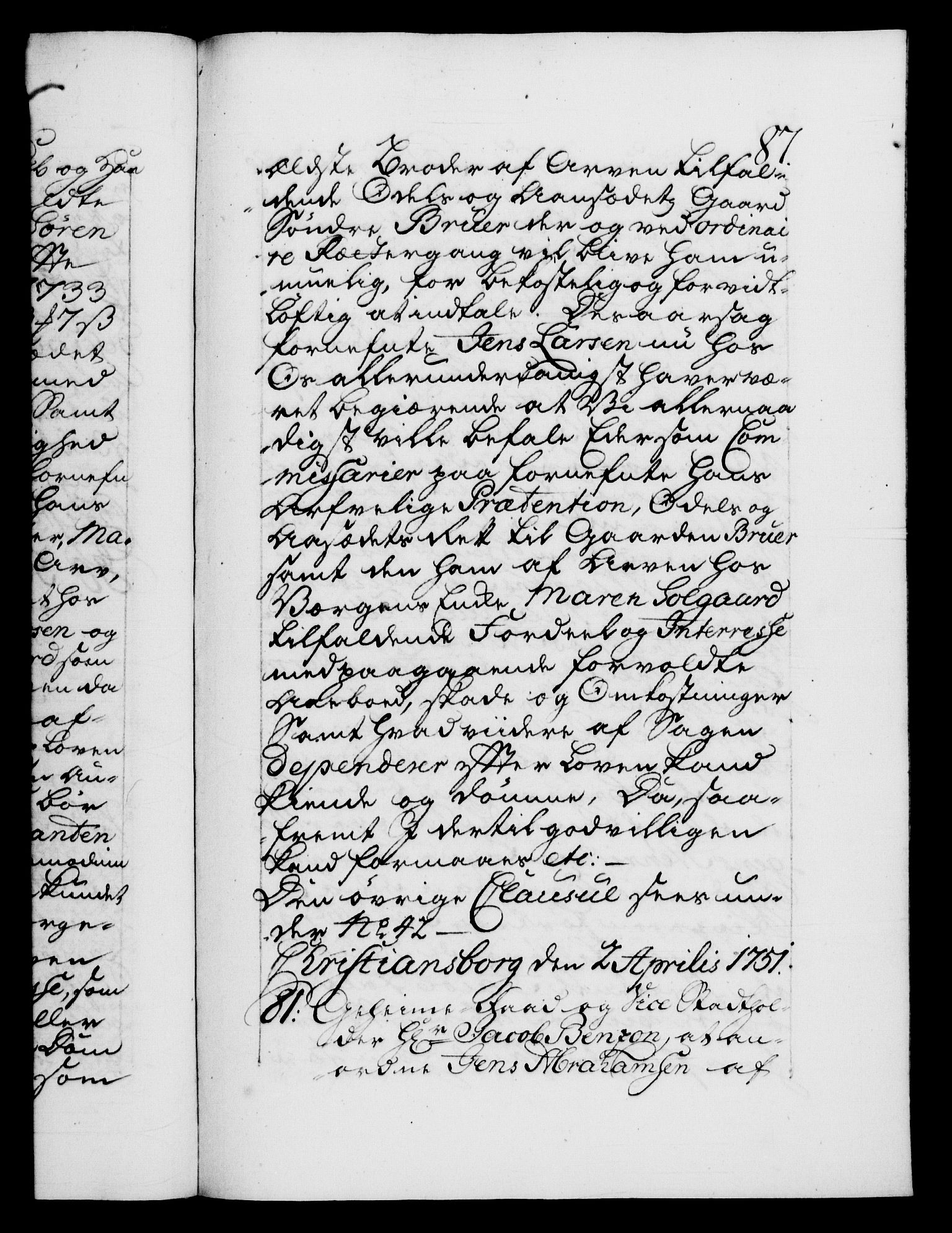 Danske Kanselli 1572-1799, AV/RA-EA-3023/F/Fc/Fca/Fcab/L0033: Norske tegnelser, 1751-1752, s. 87a