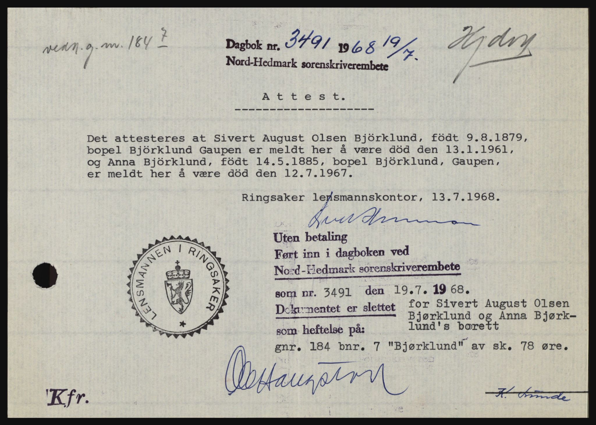 Nord-Hedmark sorenskriveri, SAH/TING-012/H/Hc/L0028: Pantebok nr. 28, 1968-1968, Dagboknr: 3491/1968