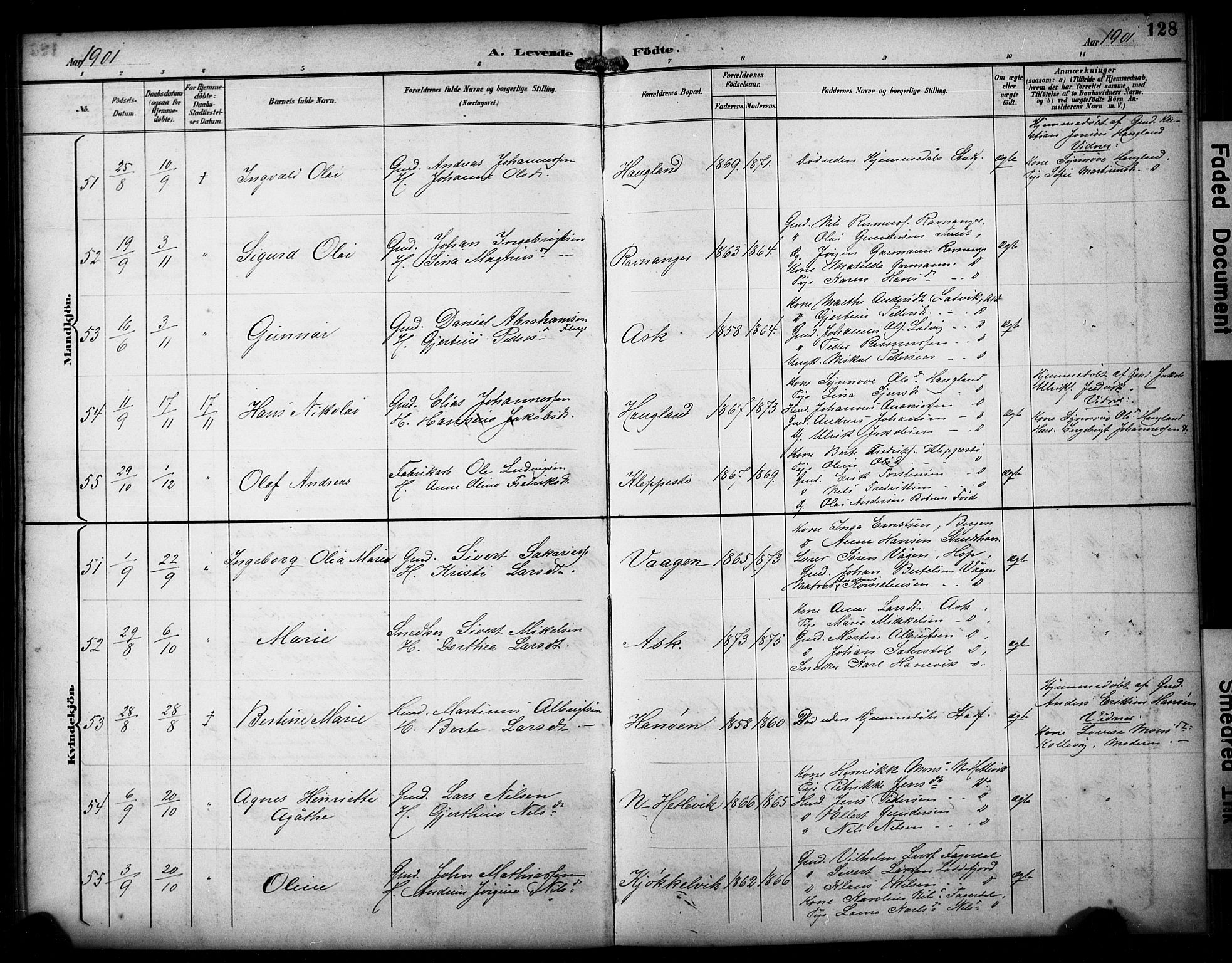 Askøy Sokneprestembete, AV/SAB-A-74101/H/Ha/Hab/Haba/L0009: Klokkerbok nr. A 9, 1894-1903, s. 128