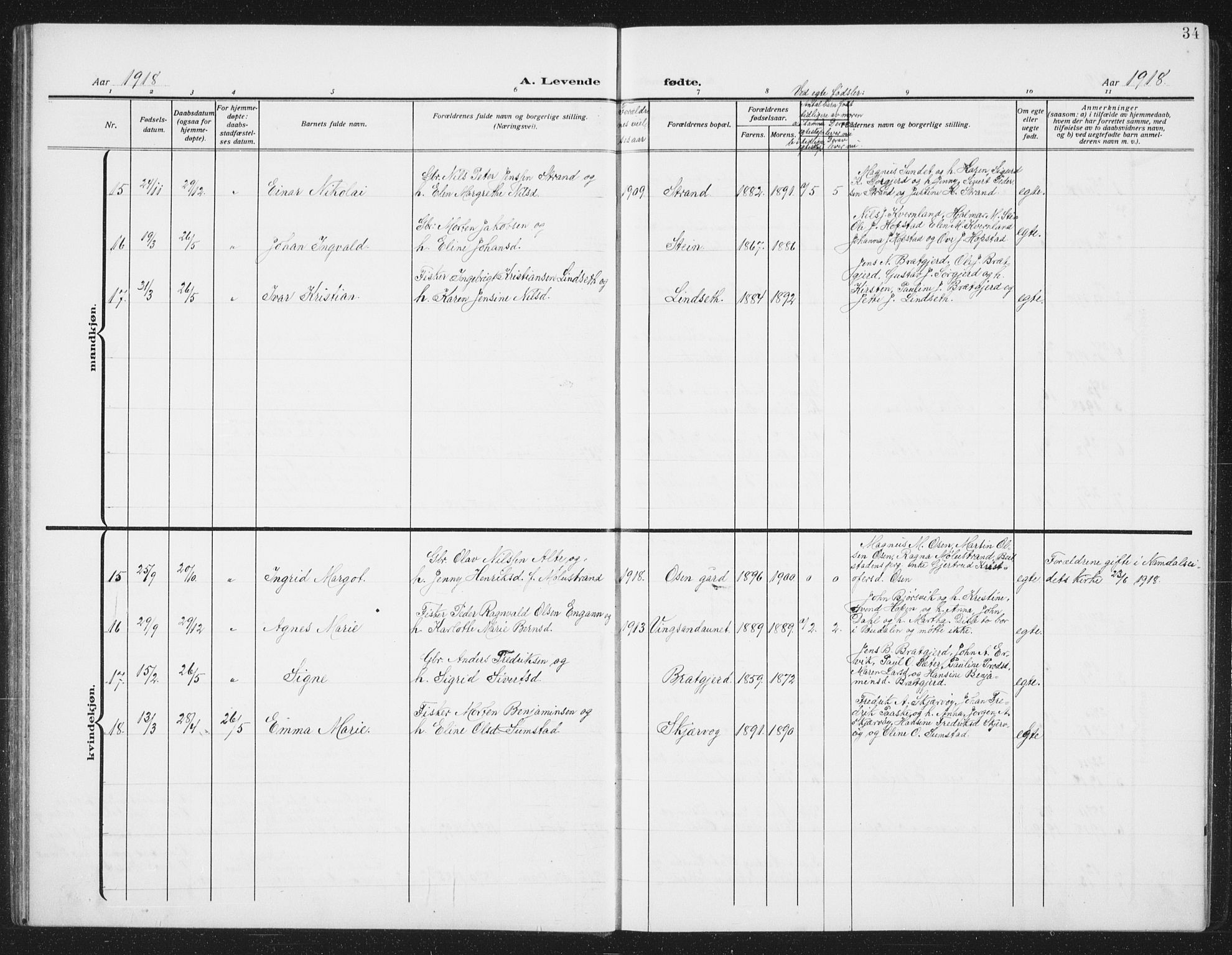 Ministerialprotokoller, klokkerbøker og fødselsregistre - Sør-Trøndelag, AV/SAT-A-1456/658/L0727: Klokkerbok nr. 658C03, 1909-1935, s. 34