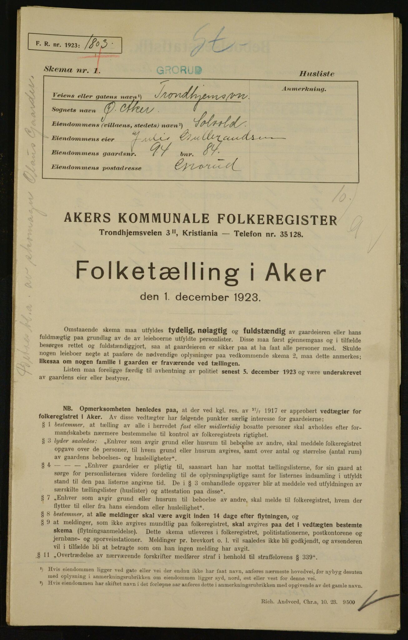 , Kommunal folketelling 1.12.1923 for Aker, 1923, s. 33937