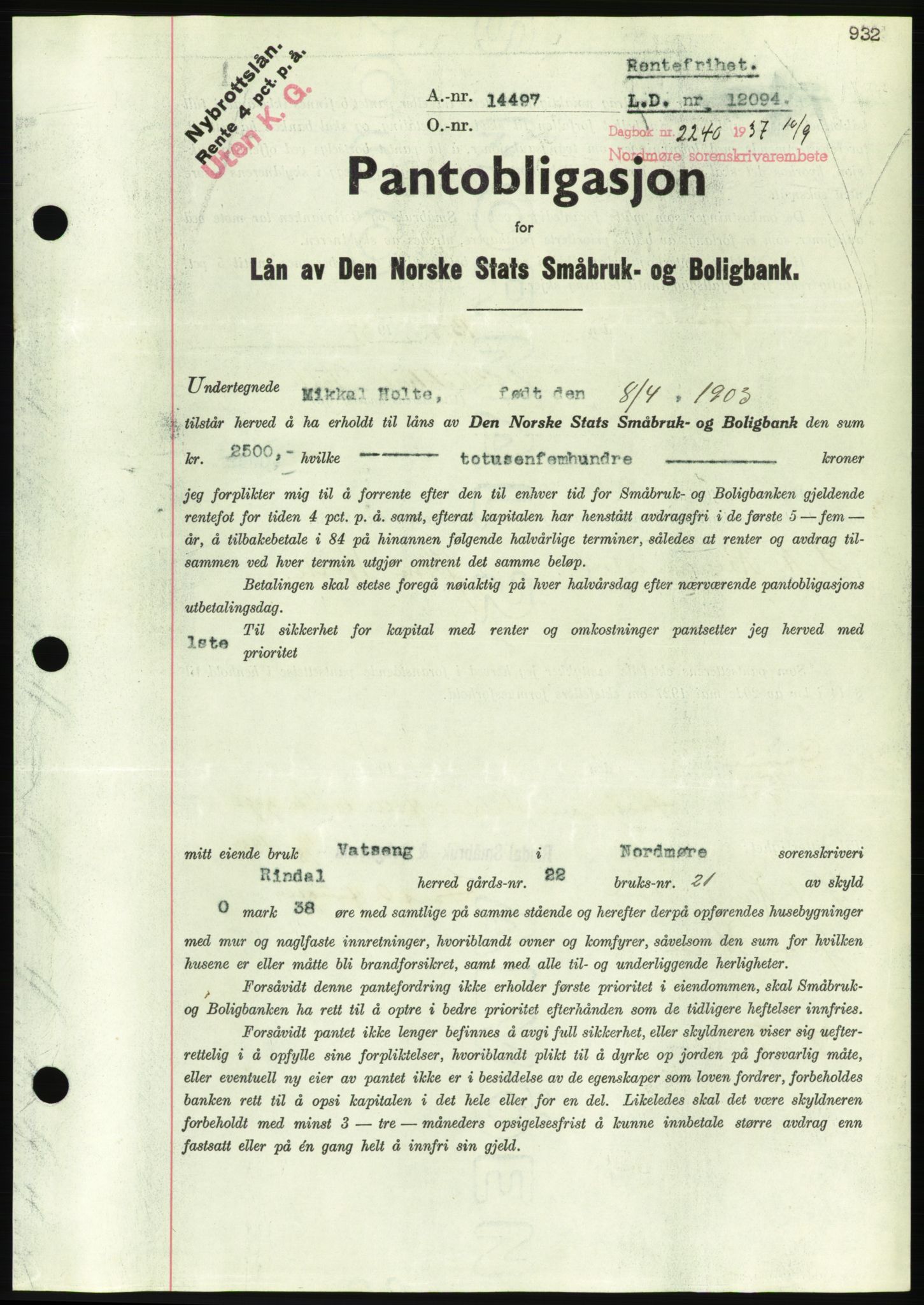 Nordmøre sorenskriveri, AV/SAT-A-4132/1/2/2Ca/L0091: Pantebok nr. B81, 1937-1937, Dagboknr: 2240/1937