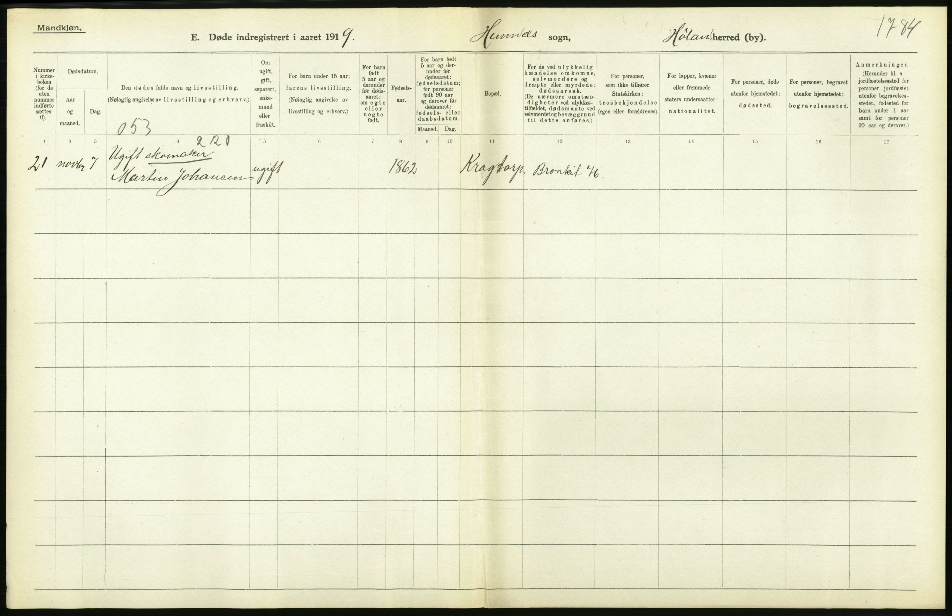 Statistisk sentralbyrå, Sosiodemografiske emner, Befolkning, RA/S-2228/D/Df/Dfb/Dfbi/L0006: Akershus fylke: Døde. Bygder og byer., 1919, s. 168