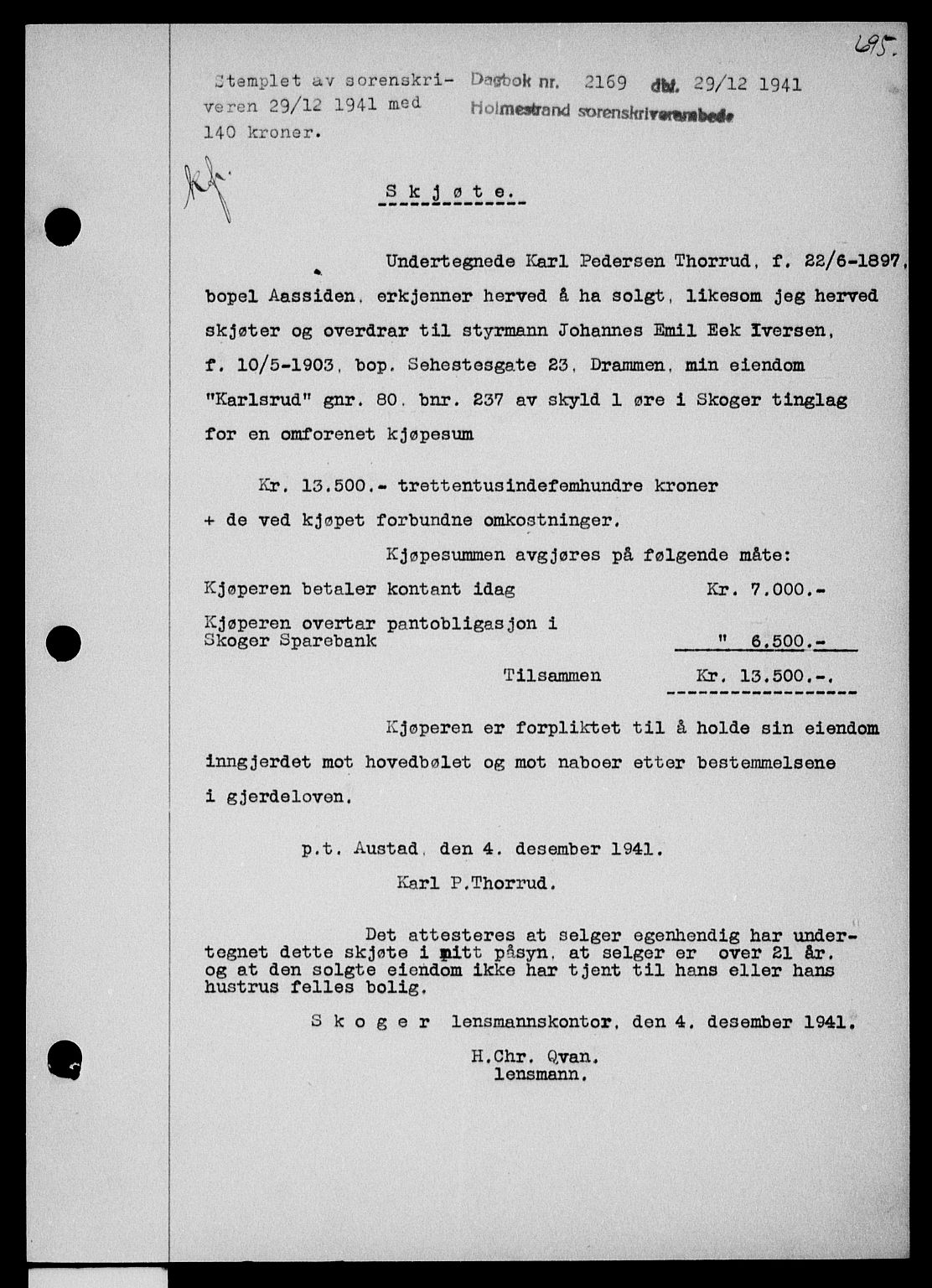 Holmestrand sorenskriveri, SAKO/A-67/G/Ga/Gaa/L0054: Pantebok nr. A-54, 1941-1942, Dagboknr: 2169/1941