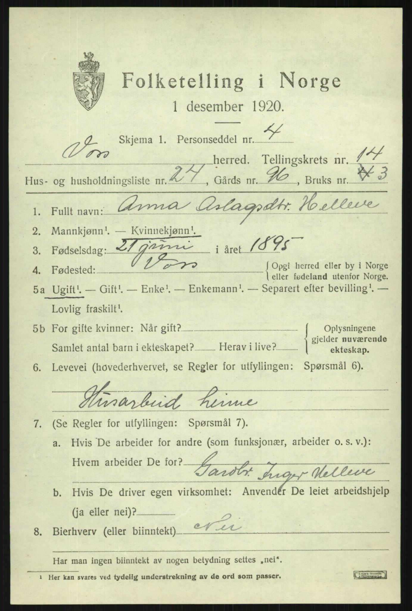 SAB, Folketelling 1920 for 1235 Voss herred, 1920, s. 11985