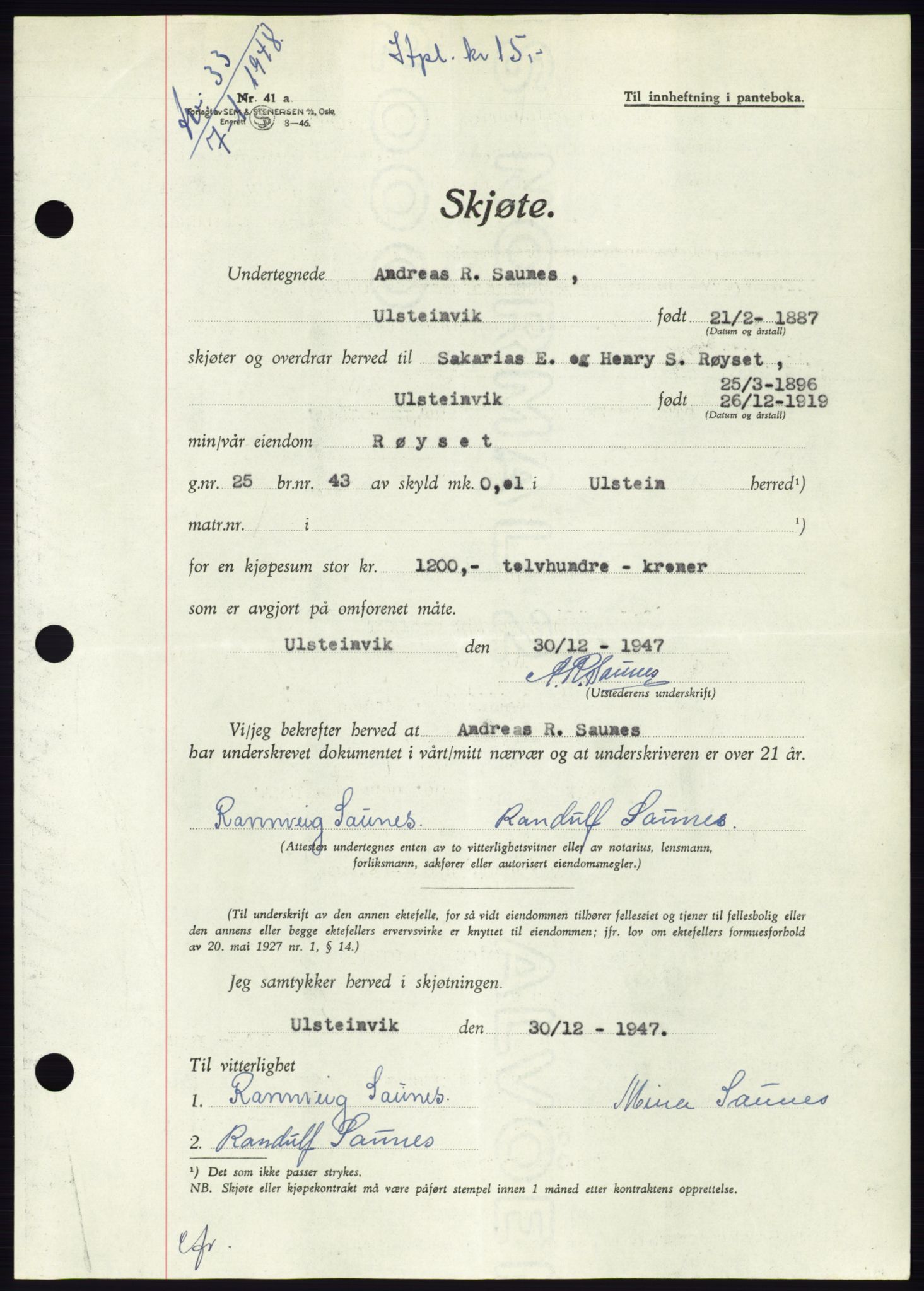 Søre Sunnmøre sorenskriveri, SAT/A-4122/1/2/2C/L0081: Pantebok nr. 7A, 1947-1948, Dagboknr: 33/1948