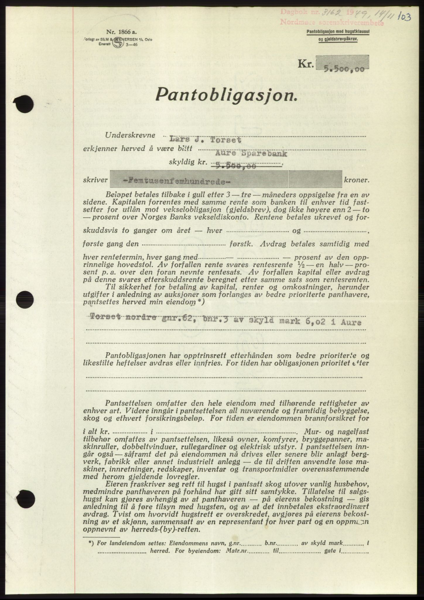 Nordmøre sorenskriveri, SAT/A-4132/1/2/2Ca: Pantebok nr. B103, 1949-1950, Dagboknr: 3162/1949
