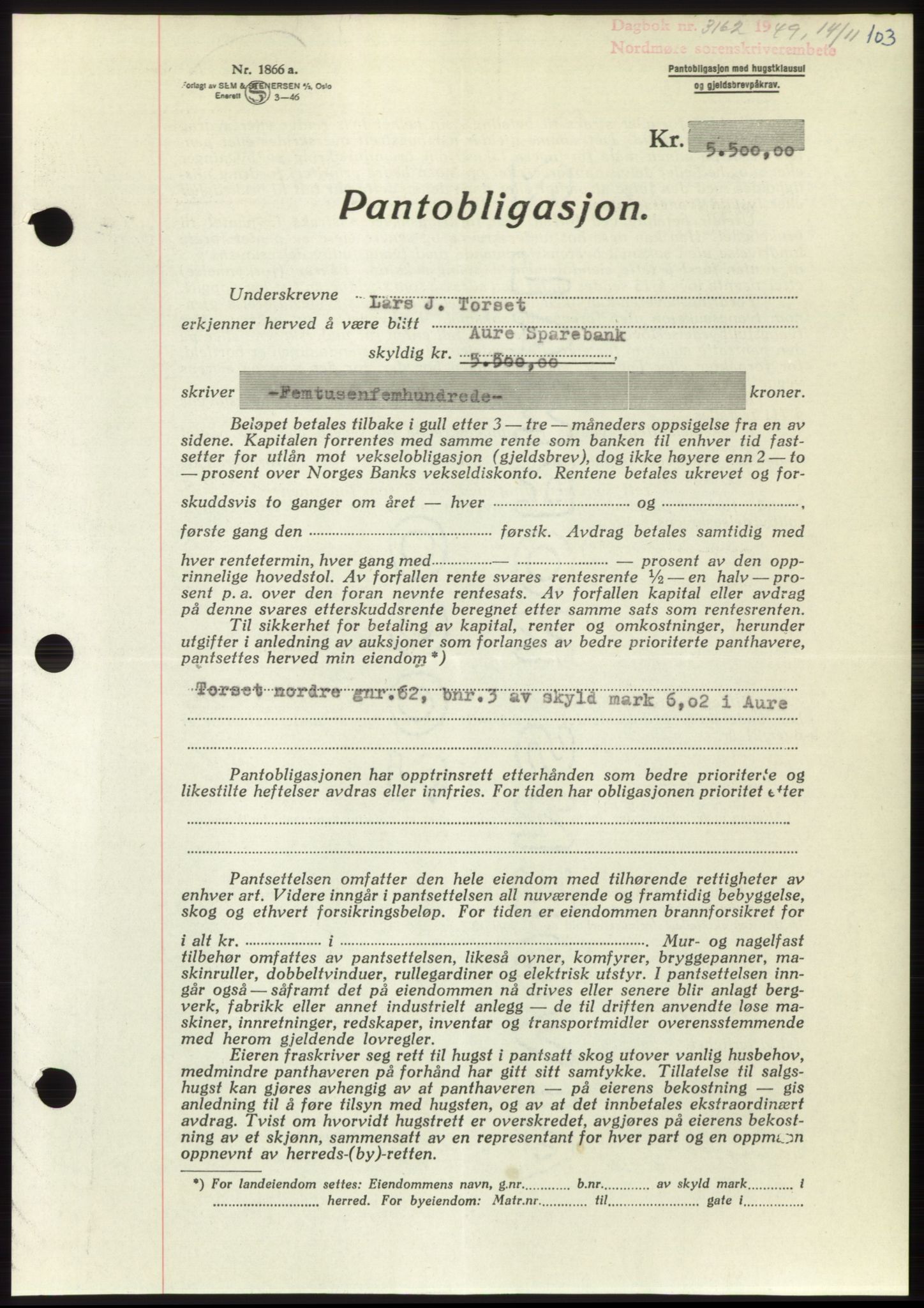 Nordmøre sorenskriveri, AV/SAT-A-4132/1/2/2Ca: Pantebok nr. B103, 1949-1950, Dagboknr: 3162/1949