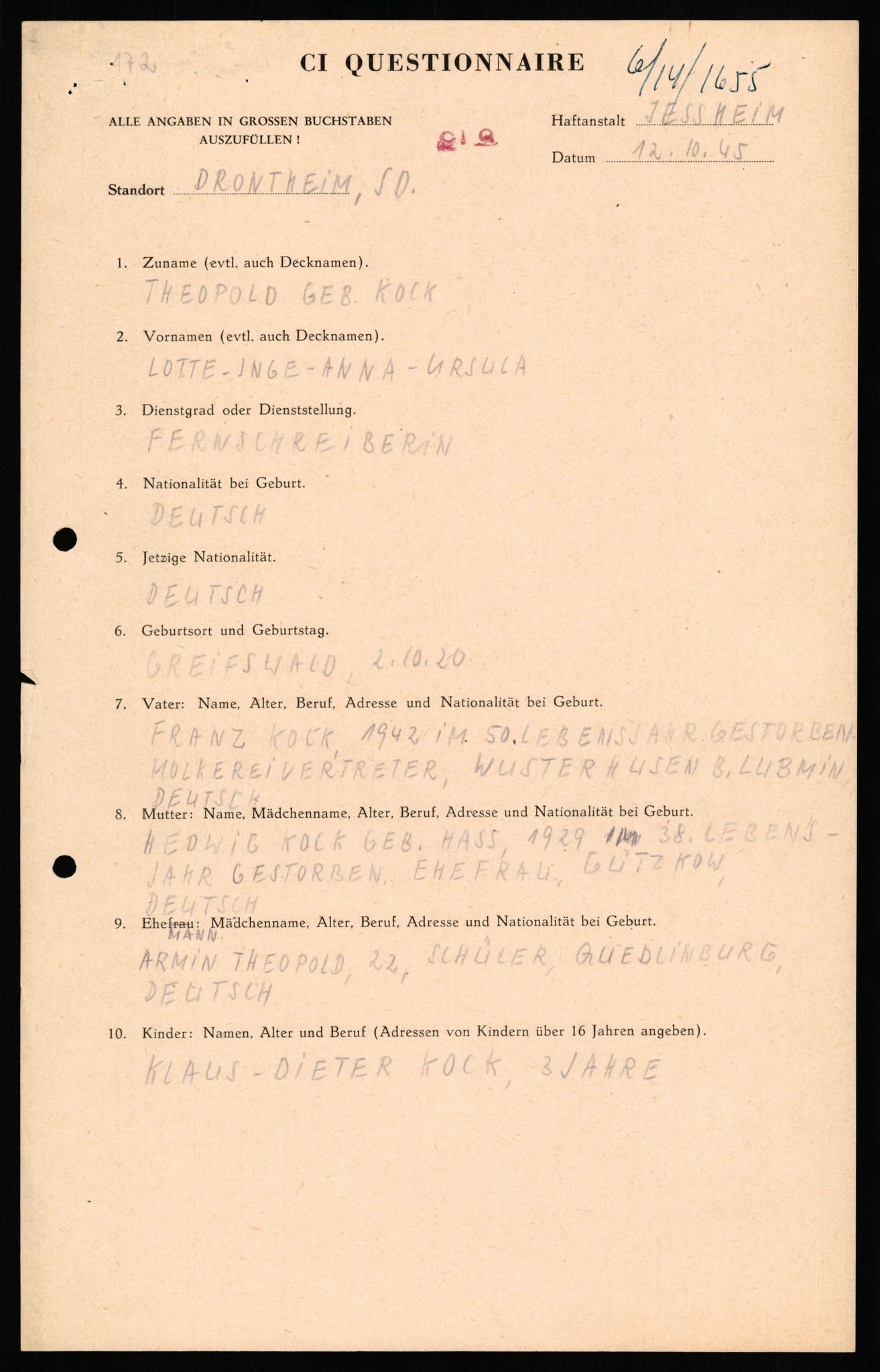 Forsvaret, Forsvarets overkommando II, AV/RA-RAFA-3915/D/Db/L0033: CI Questionaires. Tyske okkupasjonsstyrker i Norge. Tyskere., 1945-1946, s. 432