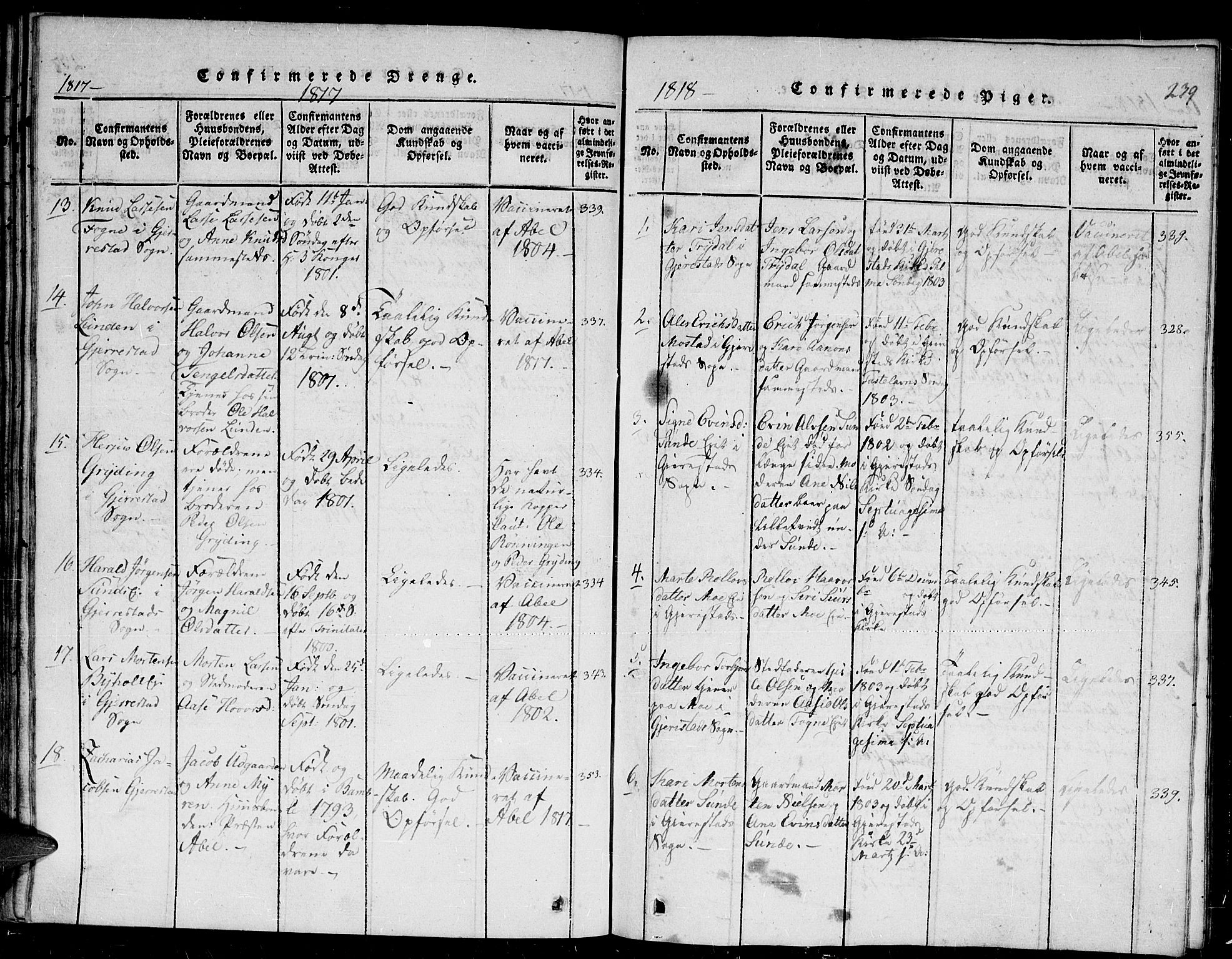 Gjerstad sokneprestkontor, SAK/1111-0014/F/Fb/Fba/L0002: Klokkerbok nr. B 2, 1816-1845, s. 239