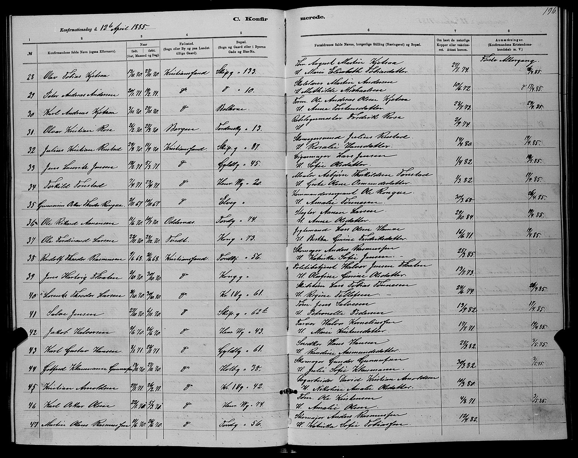 Kristiansand domprosti, AV/SAK-1112-0006/F/Fb/L0016: Klokkerbok nr. B 16, 1881-1893, s. 196