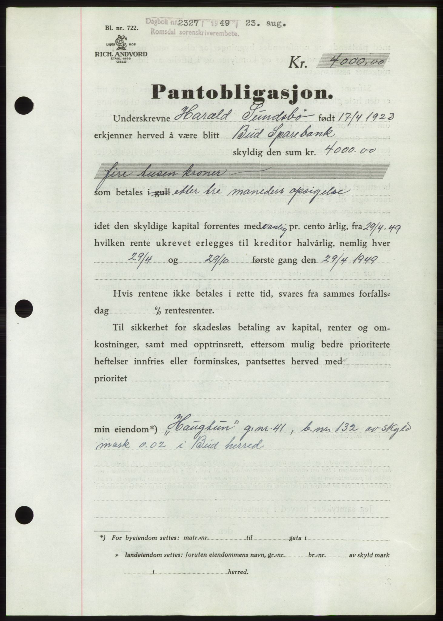 Romsdal sorenskriveri, SAT/A-4149/1/2/2C: Pantebok nr. B4, 1948-1949, Dagboknr: 2327/1949
