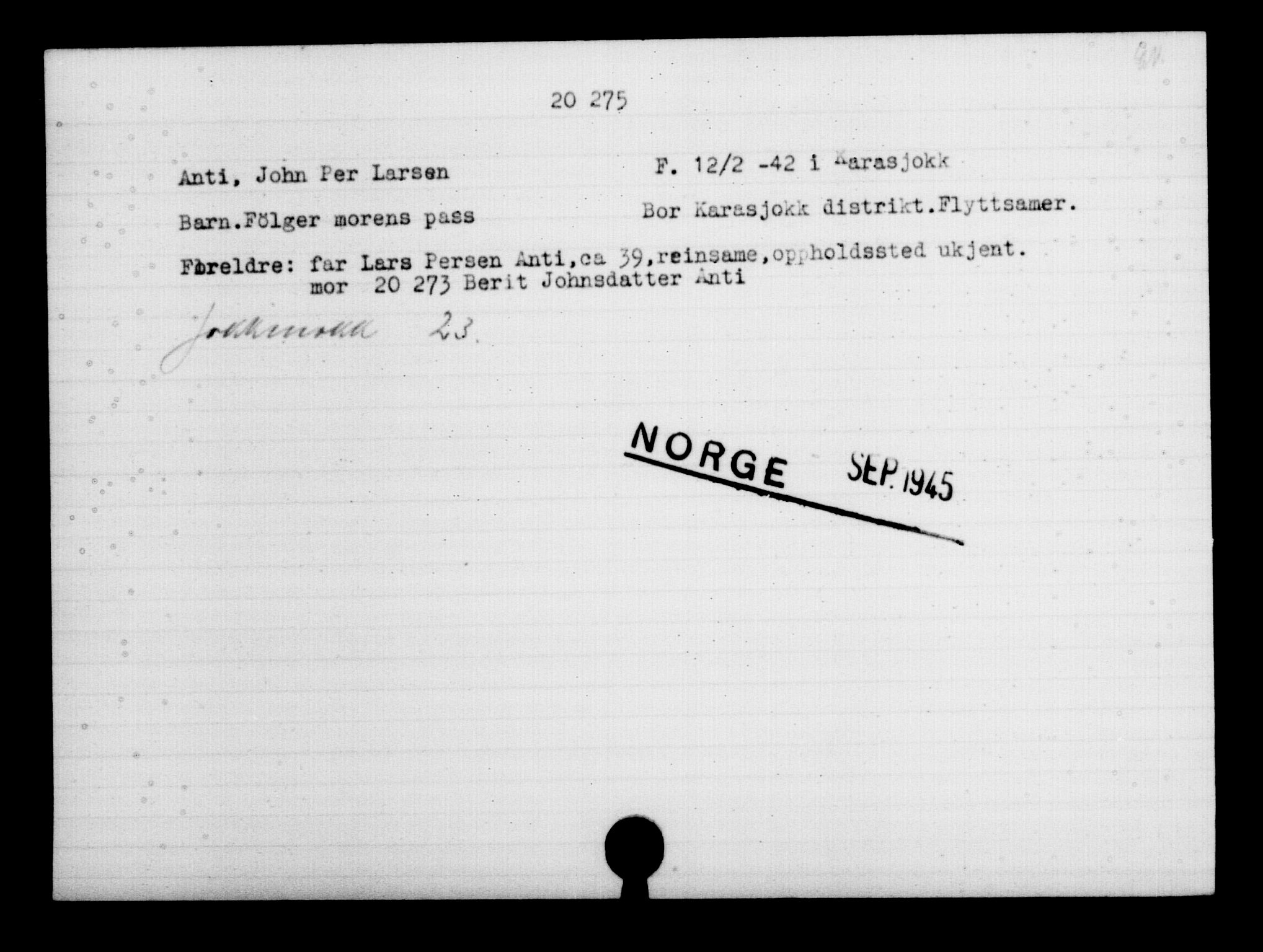 Den Kgl. Norske Legasjons Flyktningskontor, AV/RA-S-6753/V/Va/L0009: Kjesäterkartoteket.  Flyktningenr. 18502-22048, 1940-1945, s. 1942
