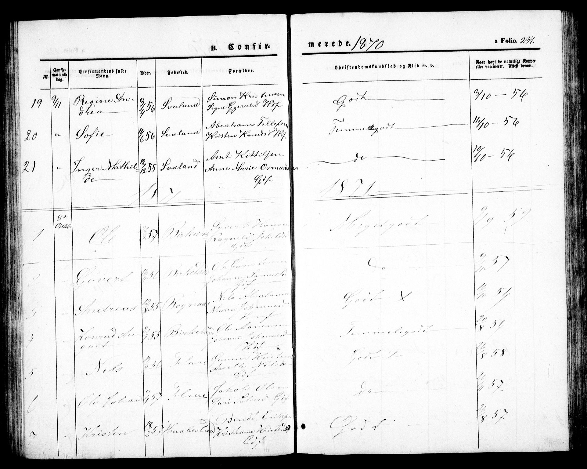 Birkenes sokneprestkontor, SAK/1111-0004/F/Fb/L0002: Klokkerbok nr. B 2, 1849-1876, s. 237