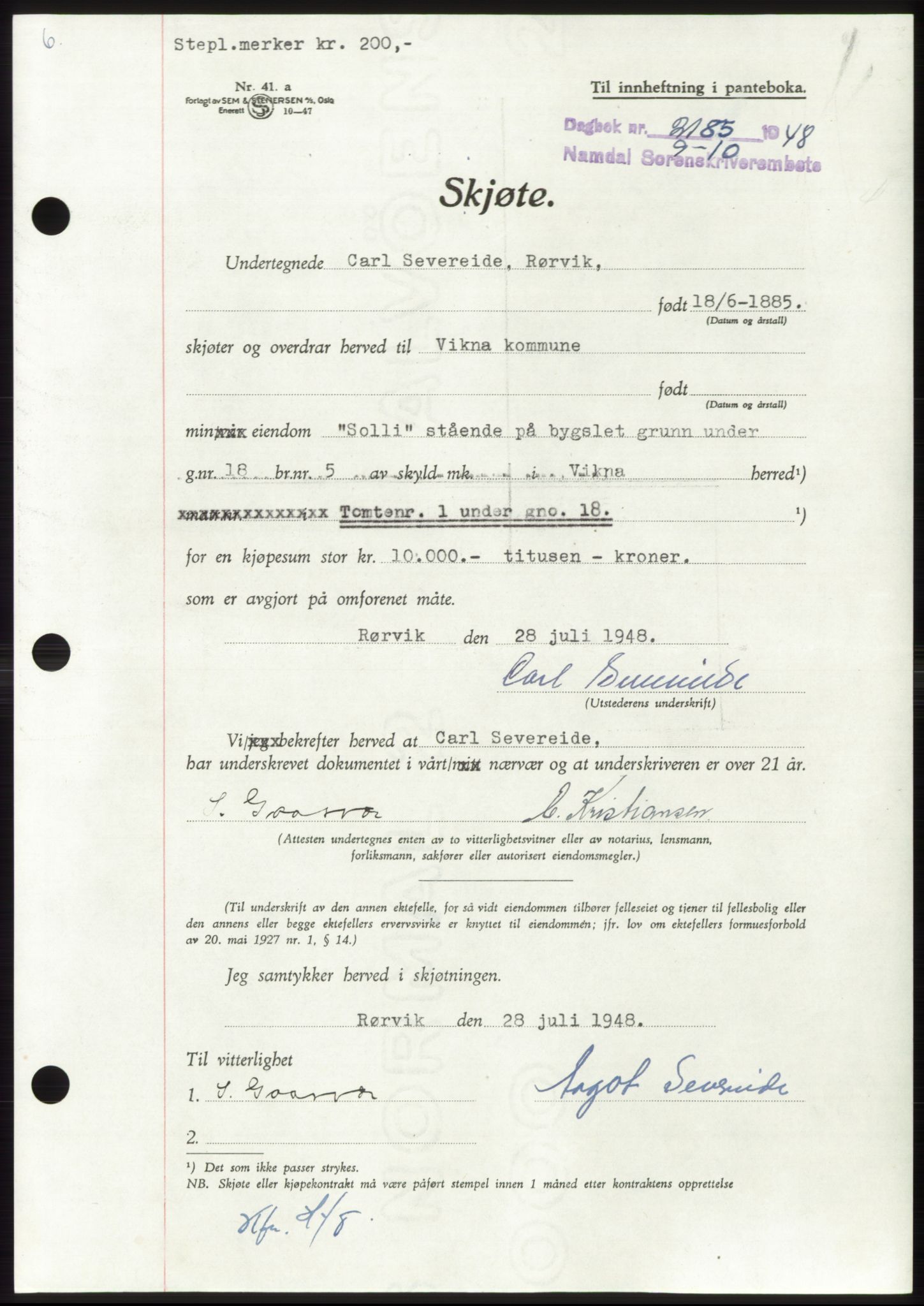 Namdal sorenskriveri, SAT/A-4133/1/2/2C: Pantebok nr. -, 1948-1948, Dagboknr: 2185/1948