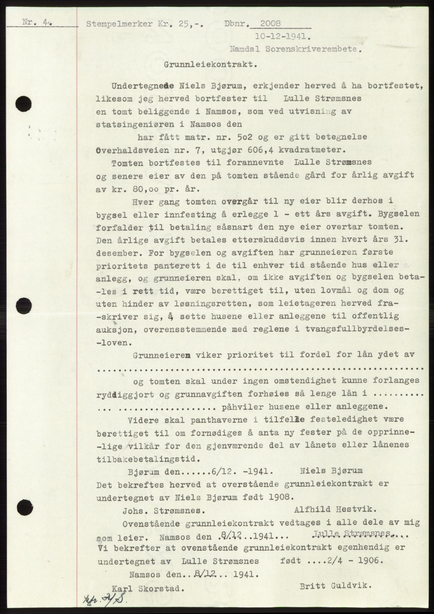 Namdal sorenskriveri, SAT/A-4133/1/2/2C: Pantebok nr. -, 1941-1942, Dagboknr: 2008/1941